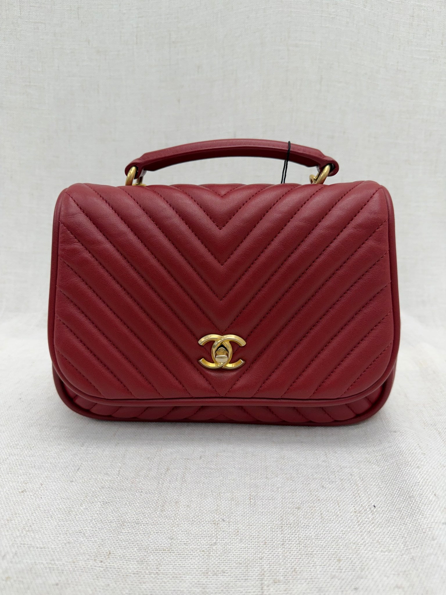 Chanel Red Chevron Lambskin Reversed Round Flap Bag