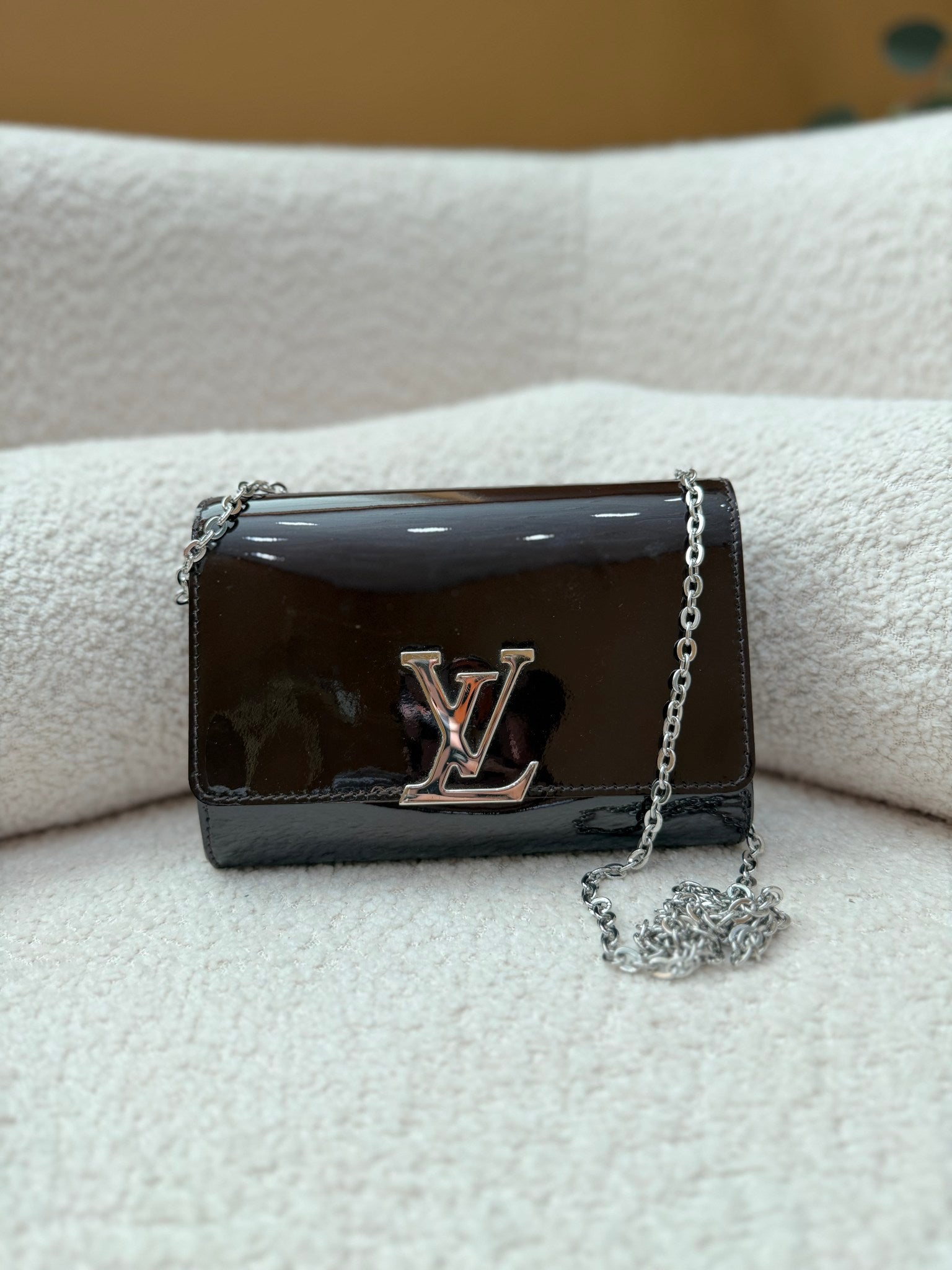 Louis Vuitton Burgundy Patent Leather Louise Chain Clutch PM