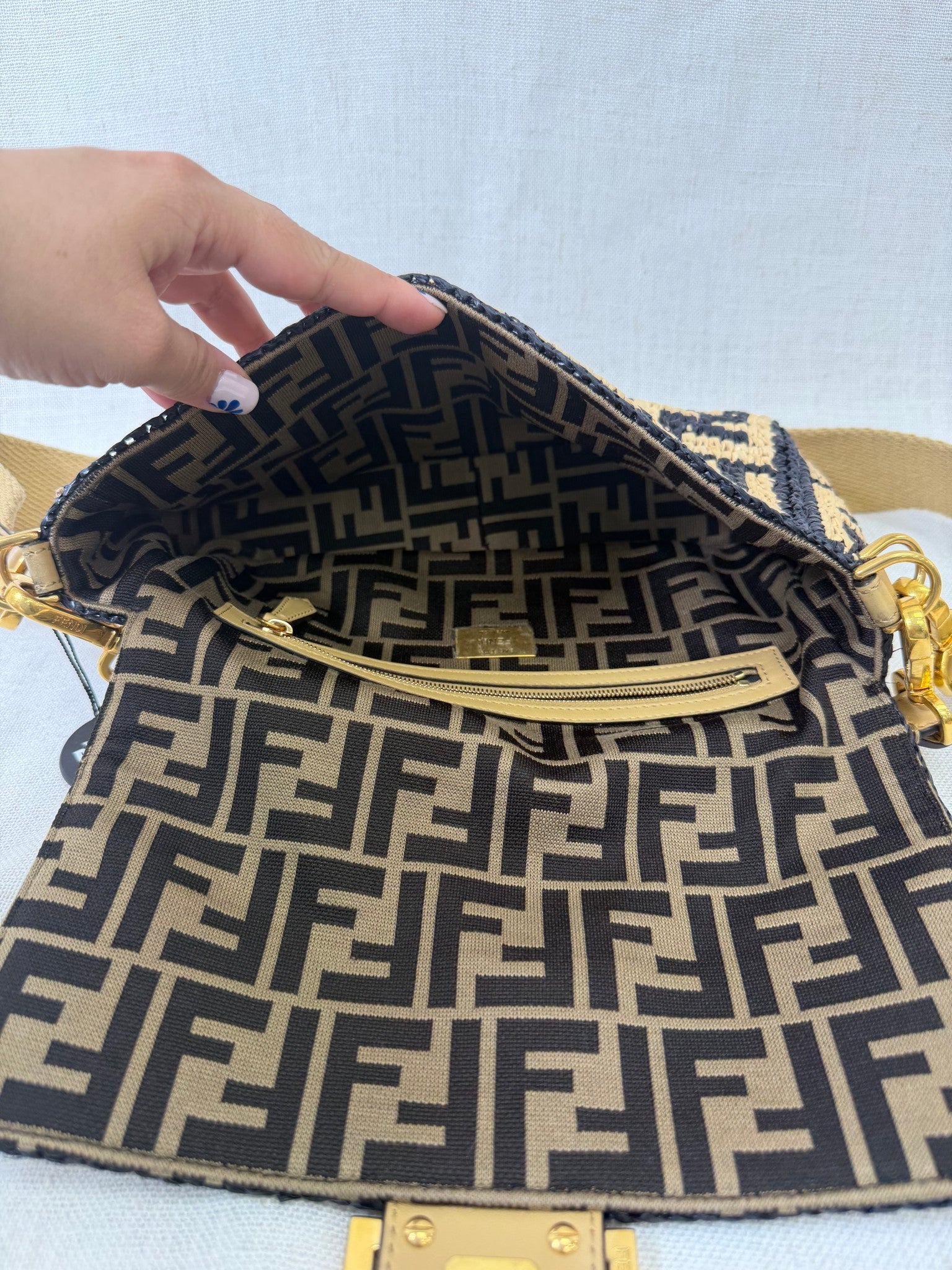 Fendi Navy And Tan Raffia FF Vitello Grace Baguette Handbag 