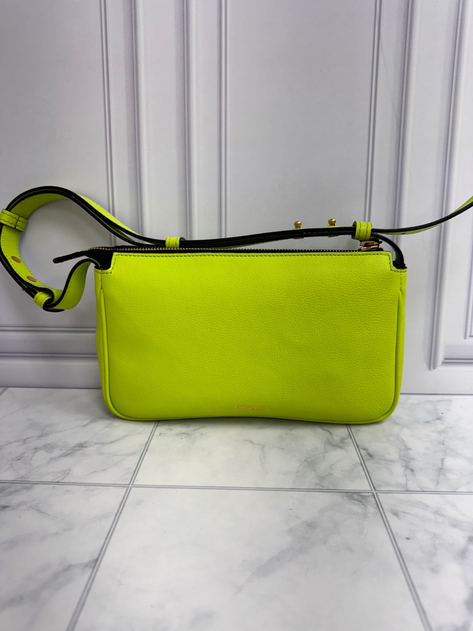 Versace Lime Green Grained Leather La Medusa Shoulder Bag