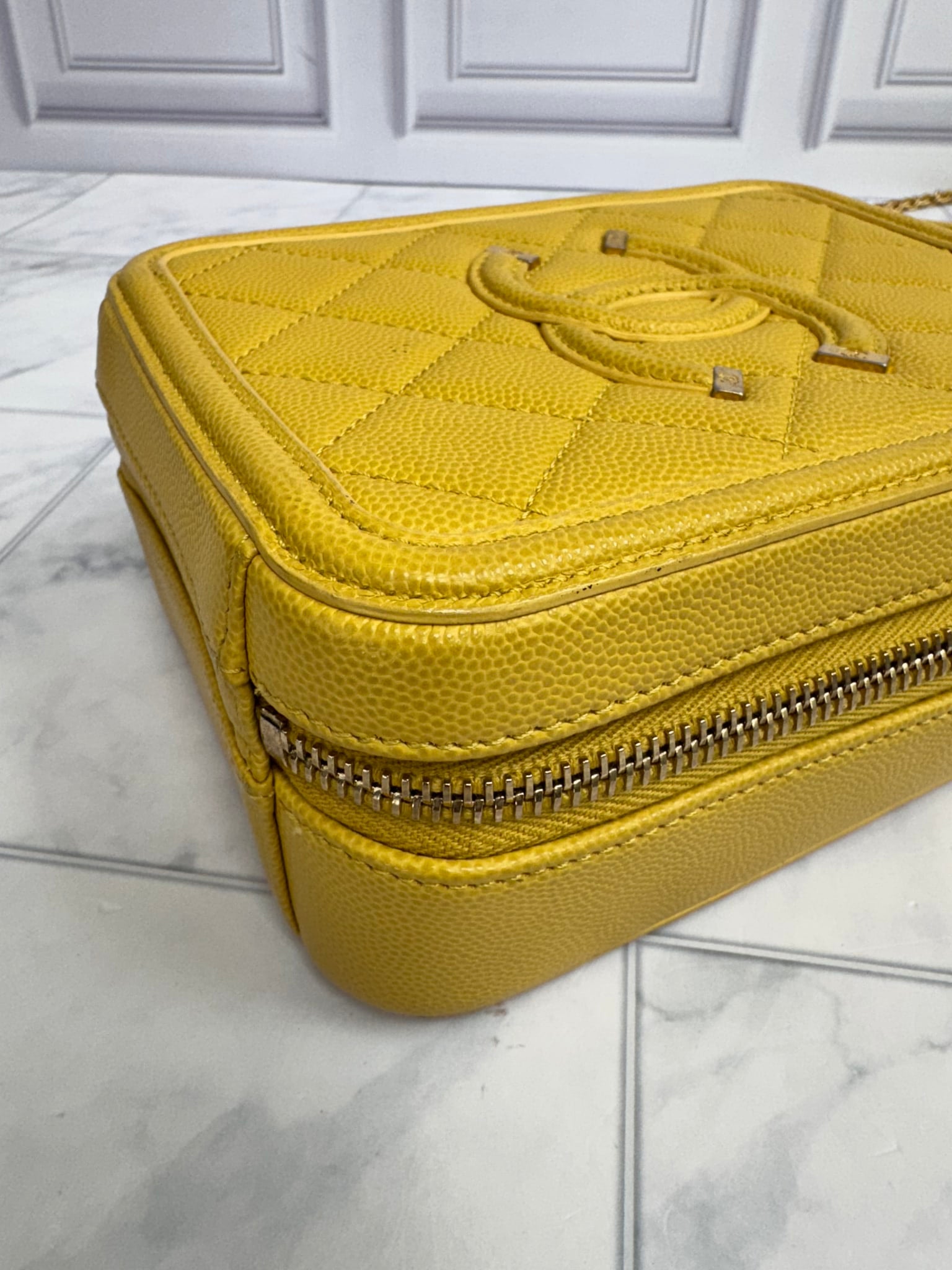 Chanel Yellow Caviar Quilted Filigree Vertical Vanity Case 