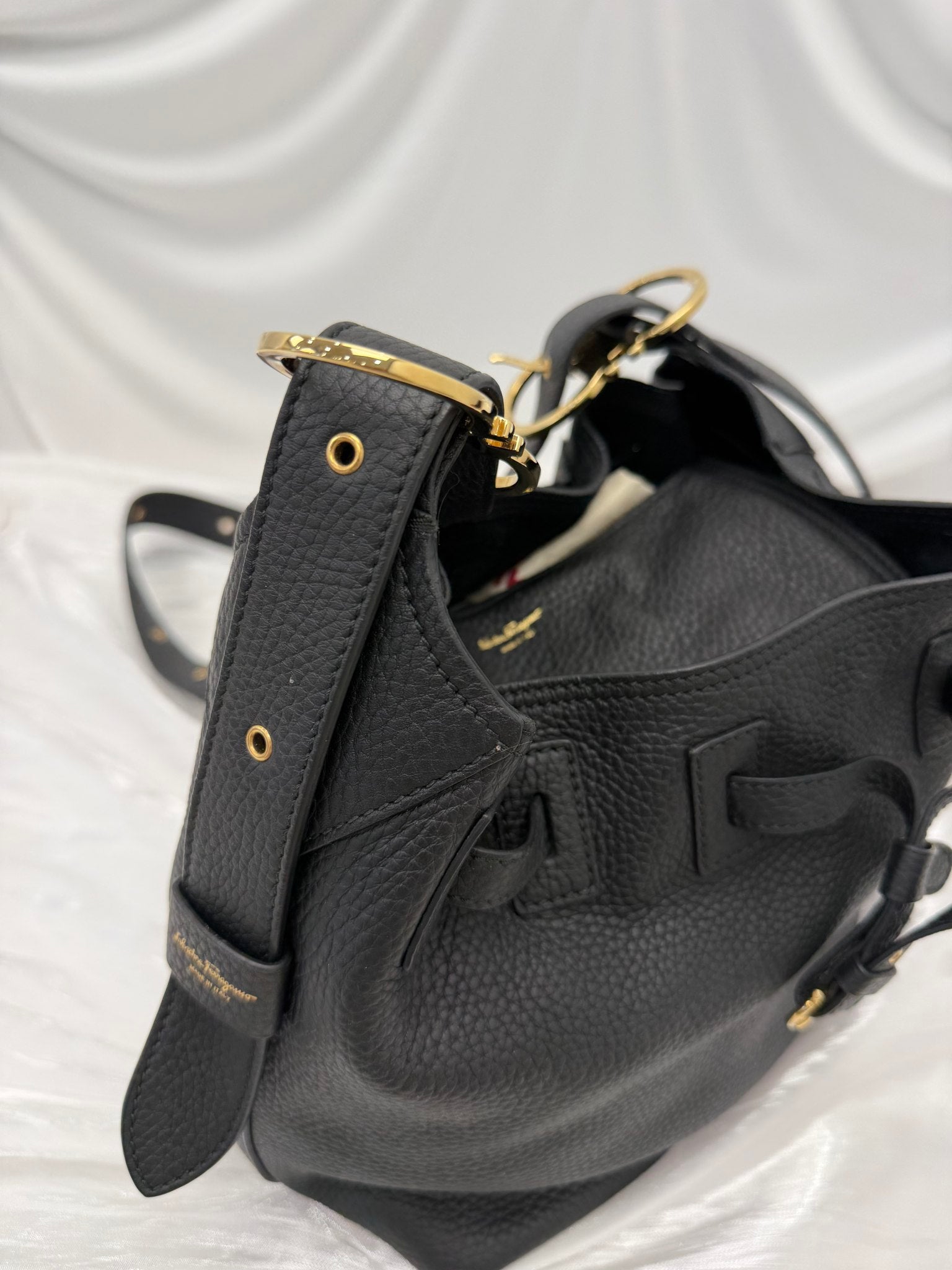 Salvatore Ferragamo Black Leather Crossbody Bucket Bag