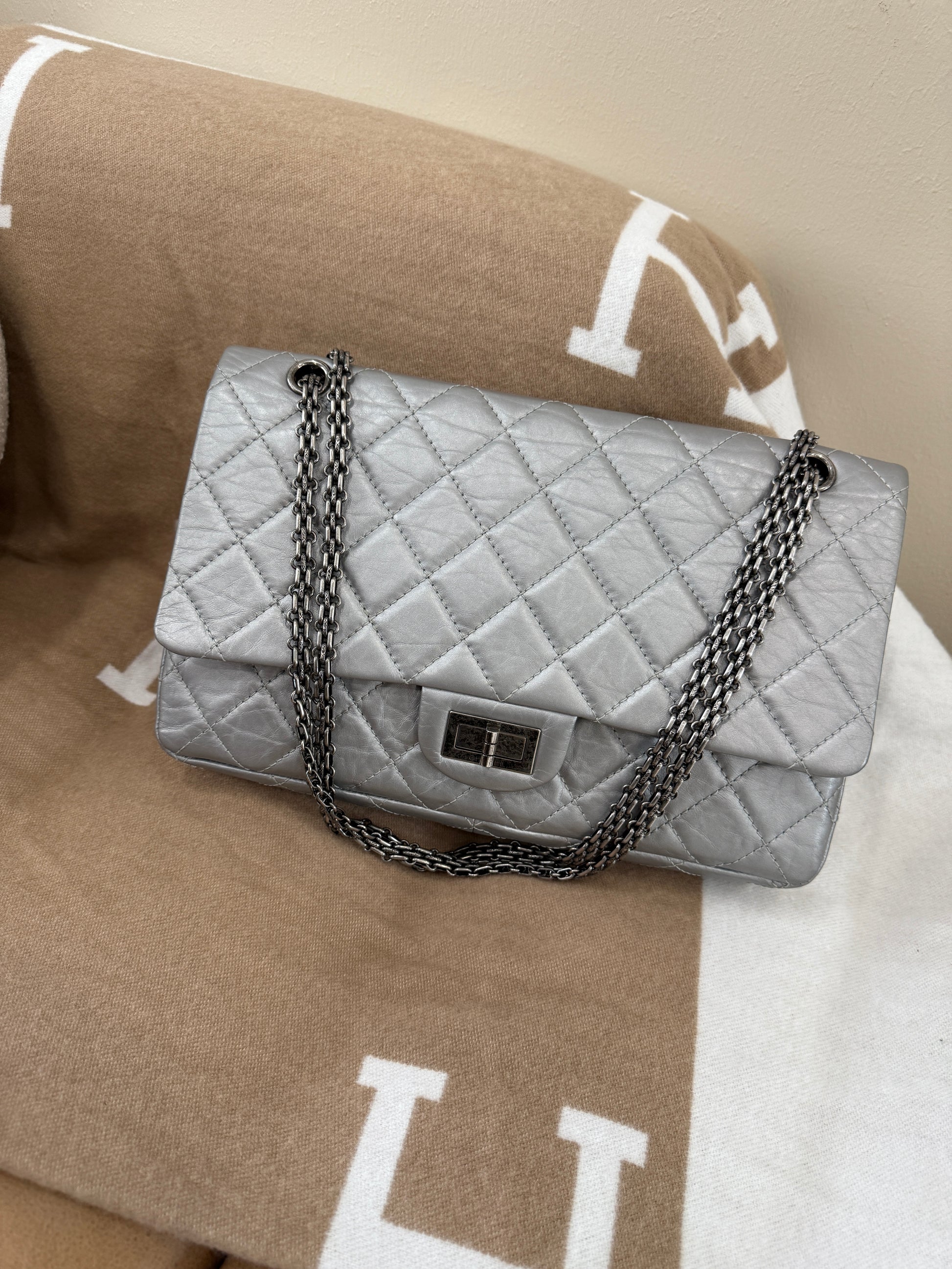 Chanel Silver Metallic Aged Calfskin Quilted 2.55 Reissue 227 Double Flap Bag