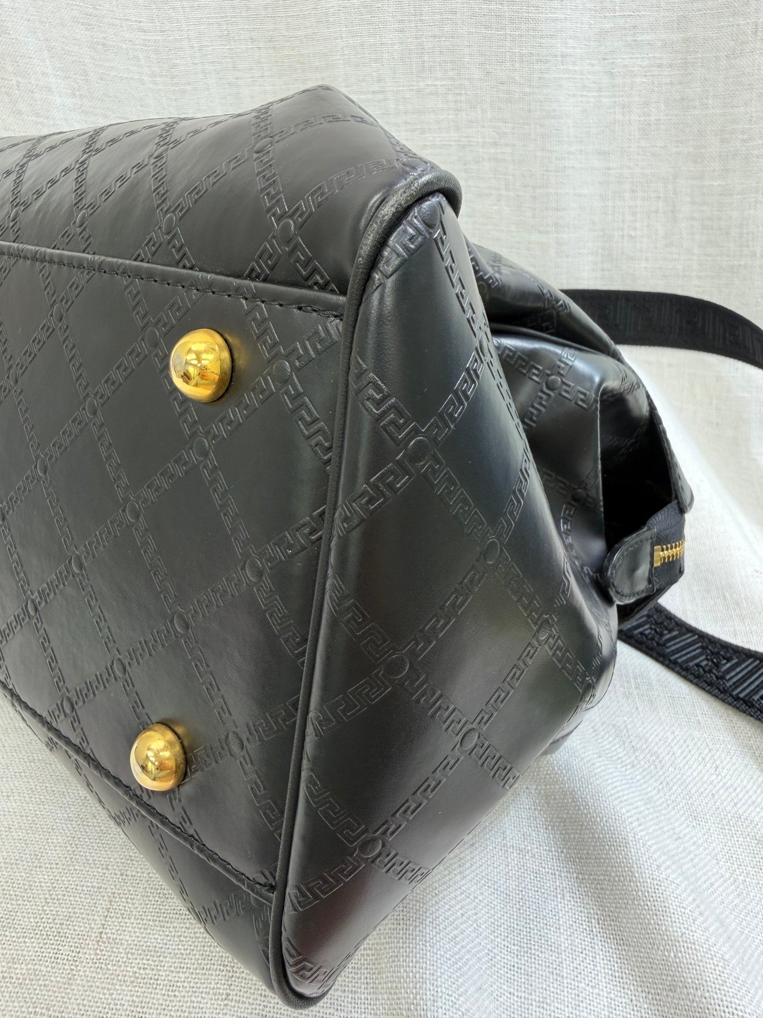 Versace Black Leather Sunburst Boston Bag 