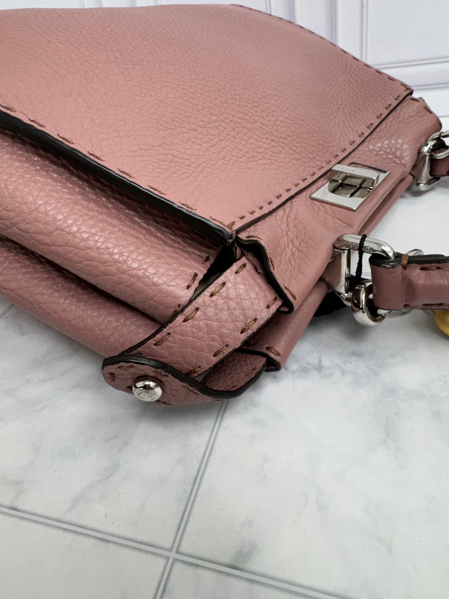 Fendi Dusty Rose Grained Leather Peekaboo Medium 2Way Bag With Flower Strap