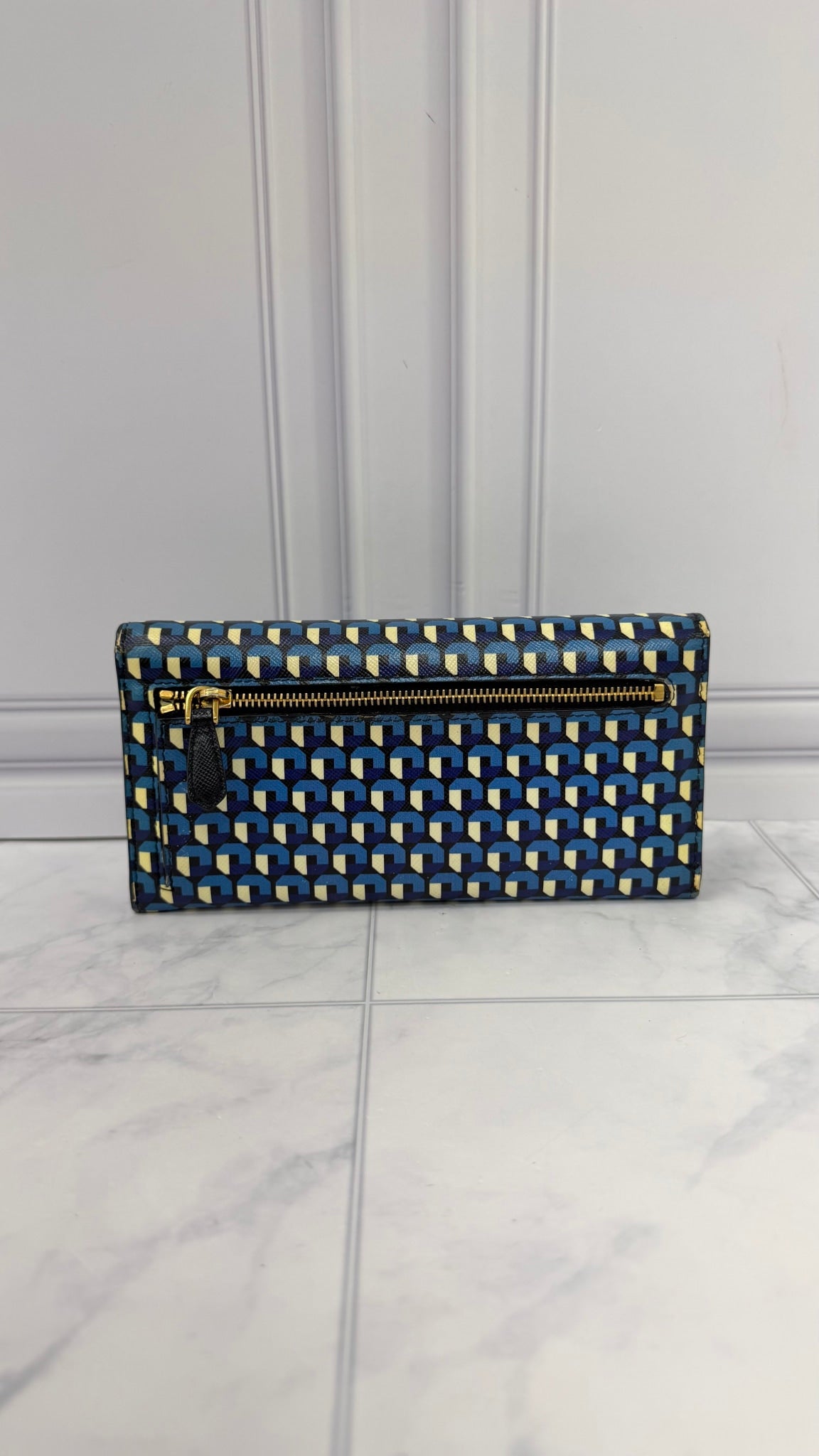 Prada Blue Multicolor Saffiano Leather Geometric Print Long Wallet 