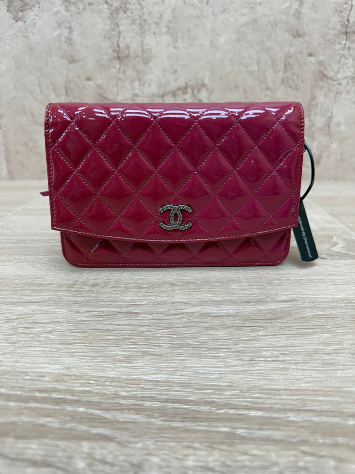 Chanel Dark Pink Quilted Patent Leather Wallet on a Chain