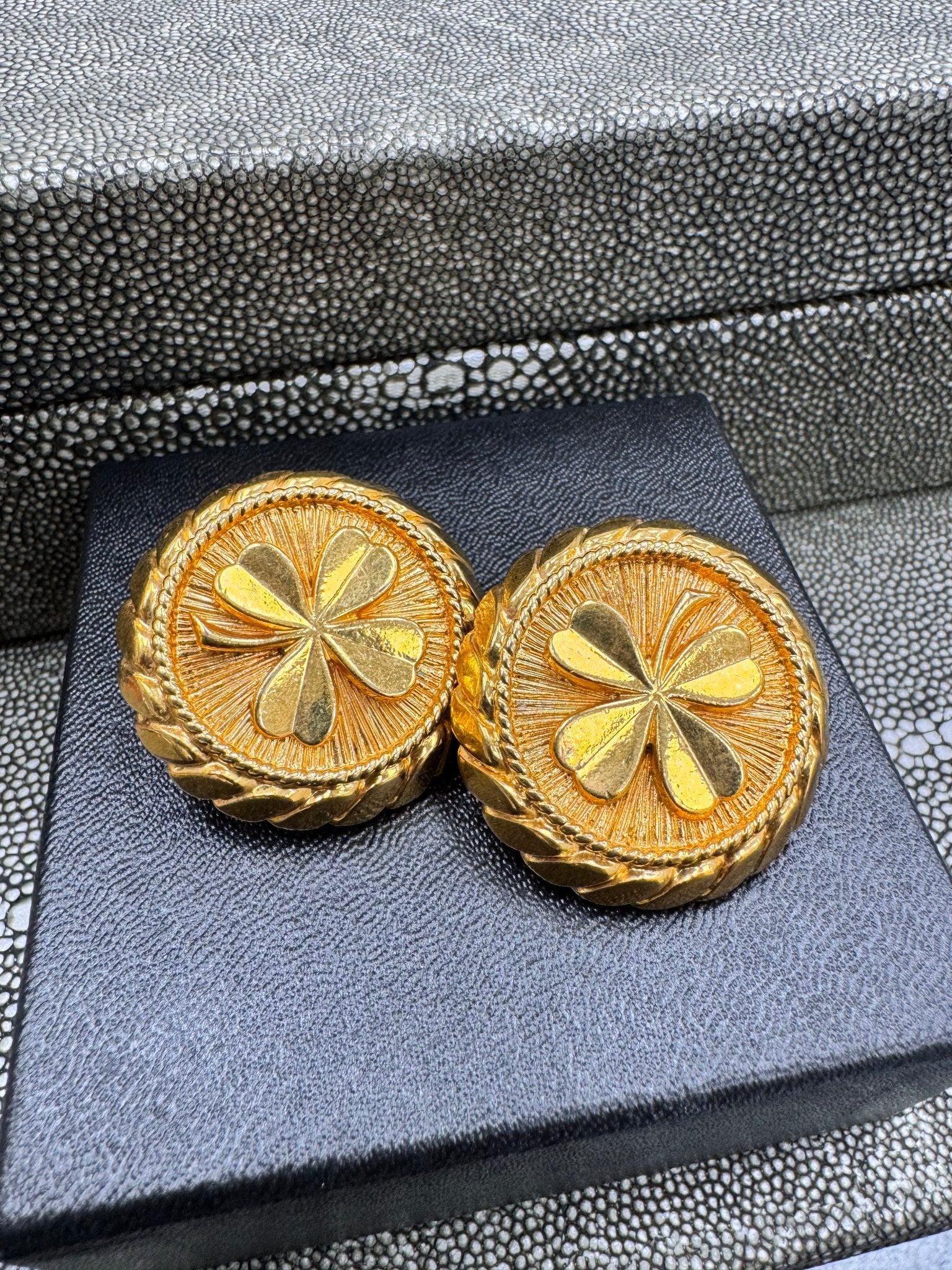 Chanel Gold Tone Clover Motif Round Earrings