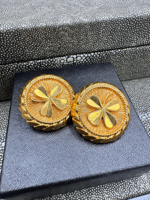 Chanel Gold Tone Clover Motif Round Earrings