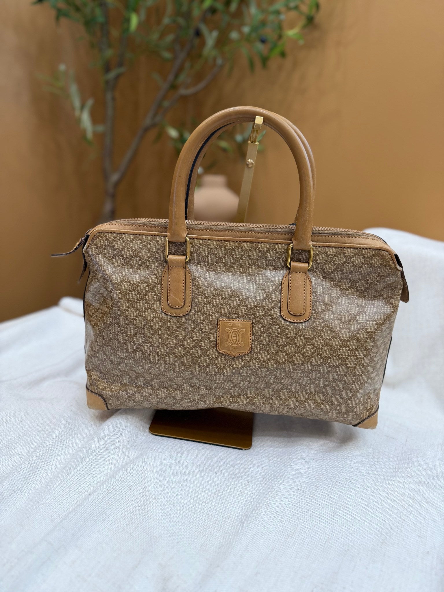 Celine Vintage Beige Macadam Coated Canvas Shoulder Bag