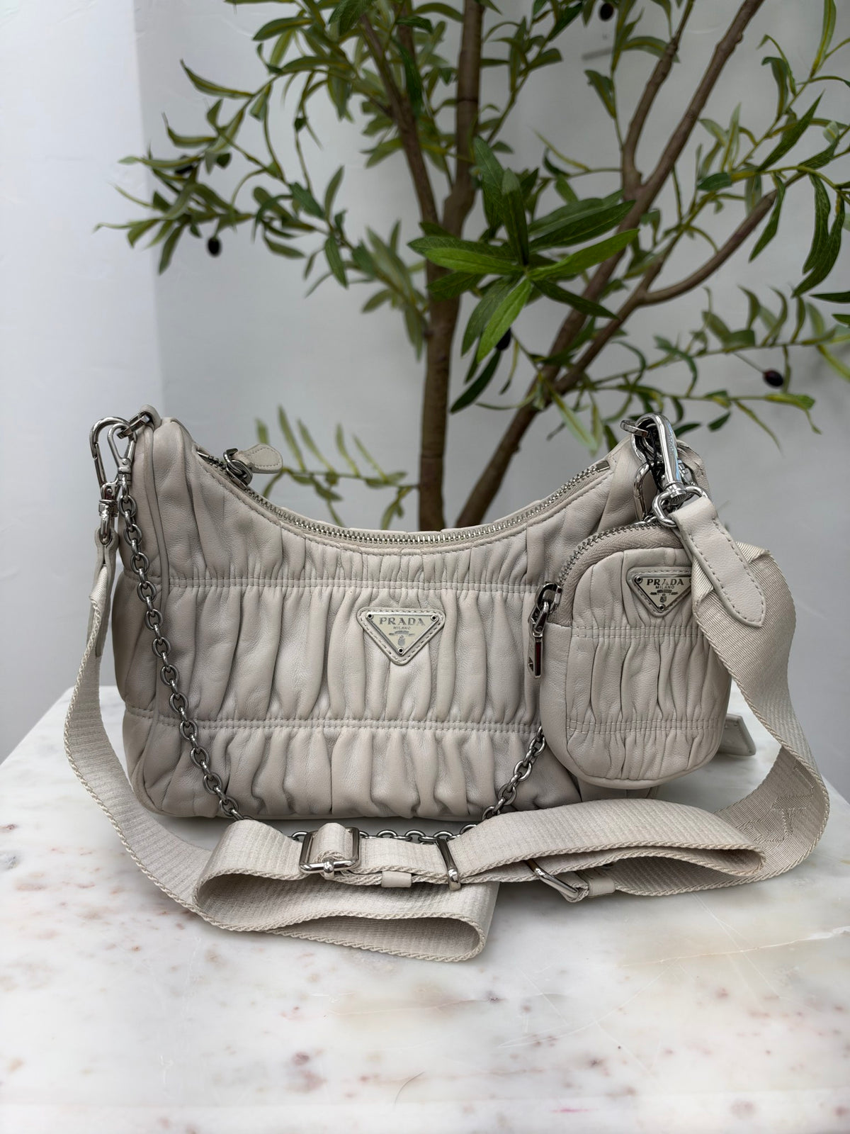Prada Cream Nappa Gaufre Leather Re-Edition Crossbody Bag