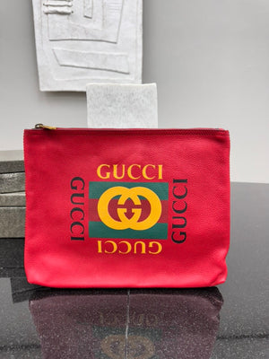Gucci Red Logo Print Grained Leather Pouch