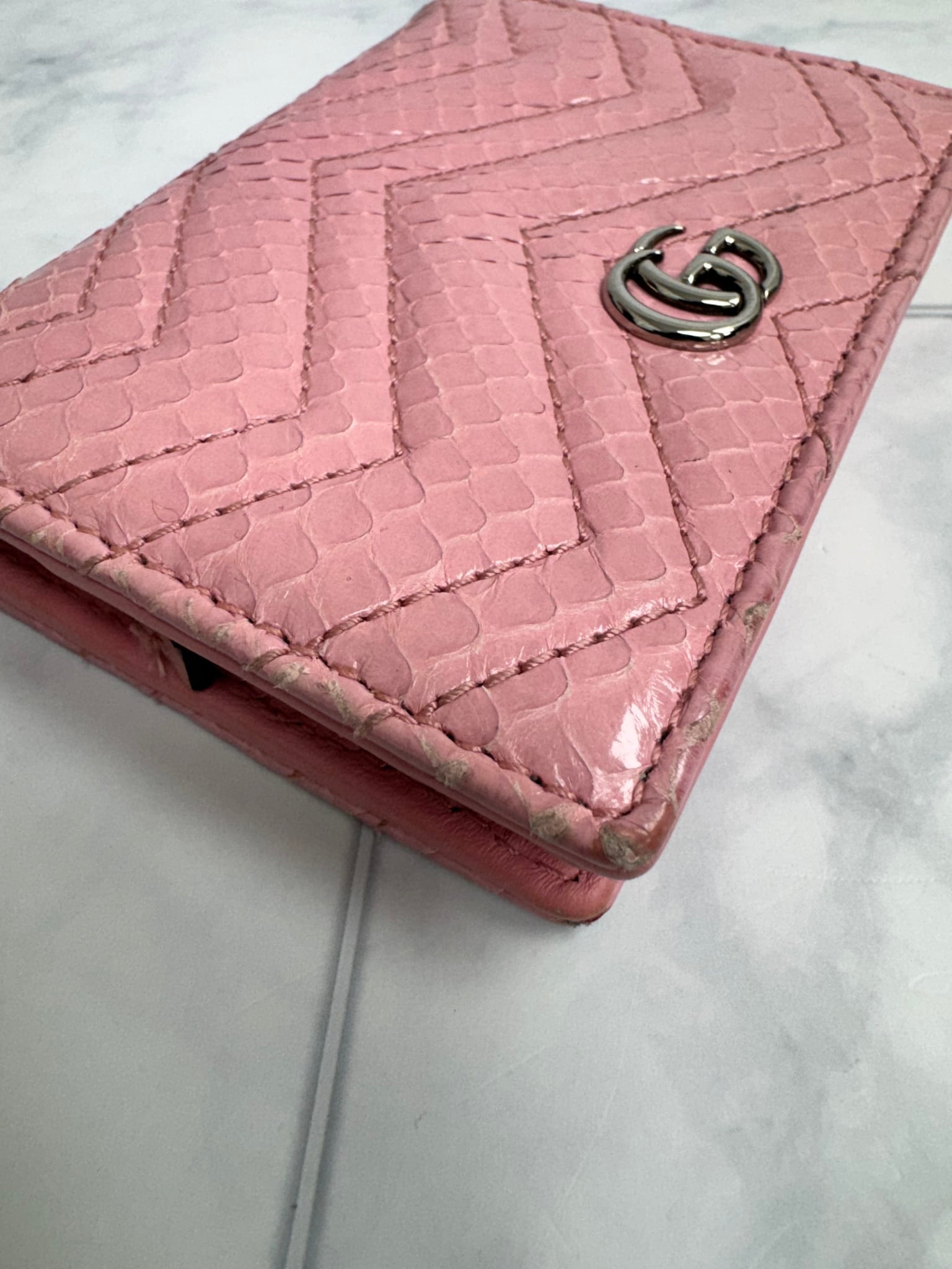 Gucci Pink Chevron Quilted Python GG Marmont Compact Wallet