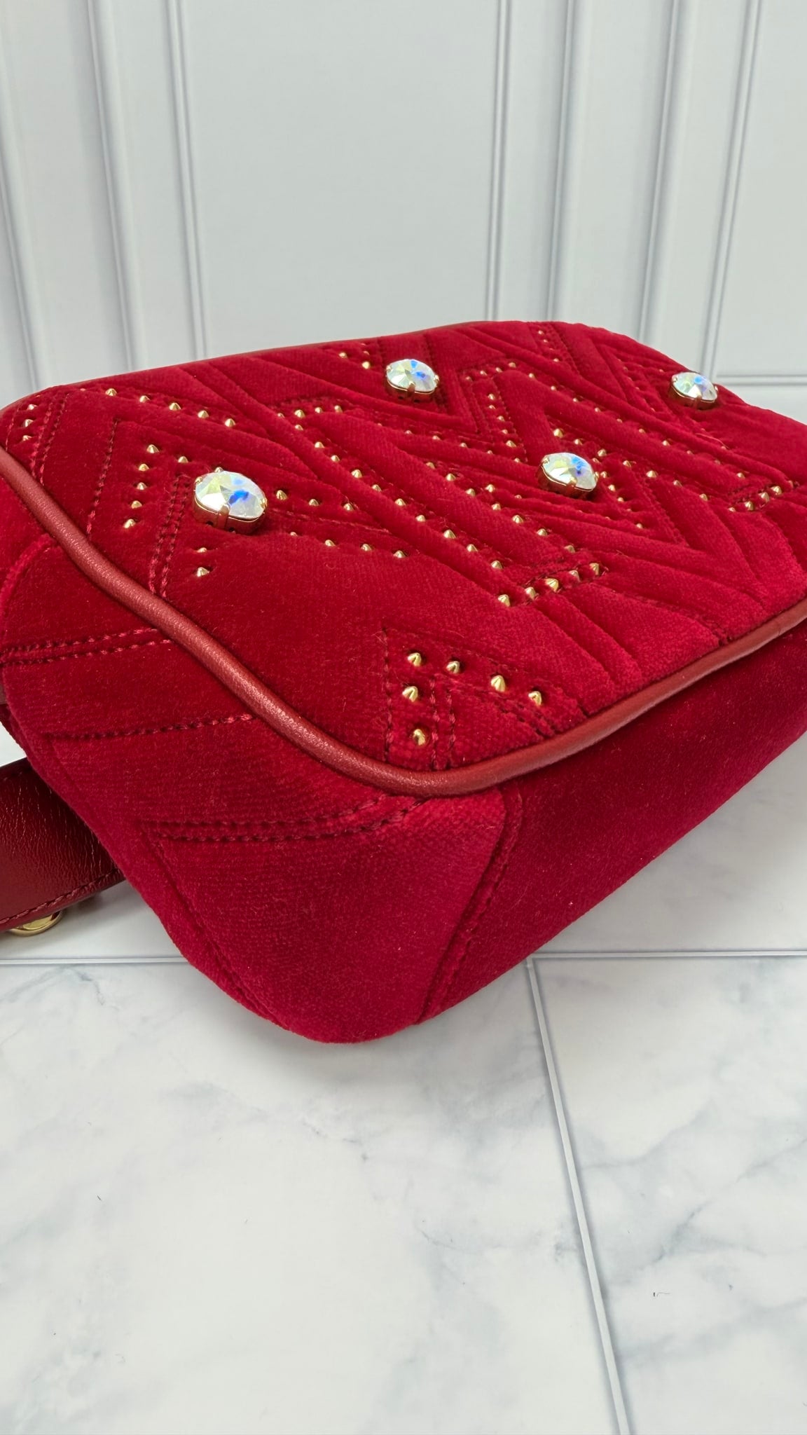 LIKE NEW - MCM Red Velvet Crystal Stud 2Way Crossbody Belt Bag
