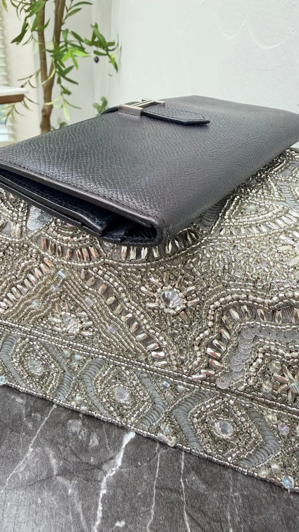 Hermes Black Epsom Leather Bearn Soufflét Long Wallet
