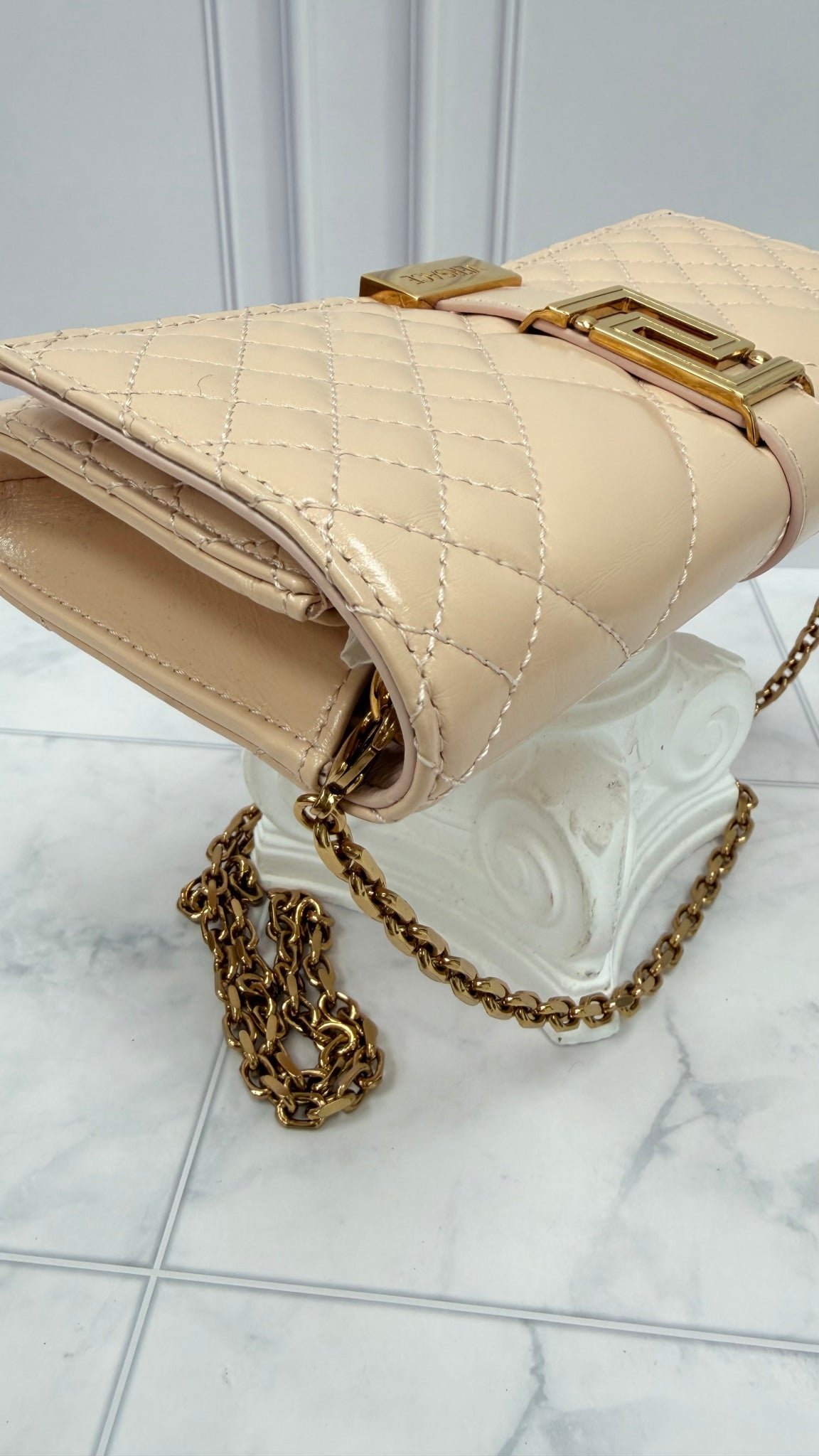 Versace Beige Quilted Leather Wallet on a Chain 