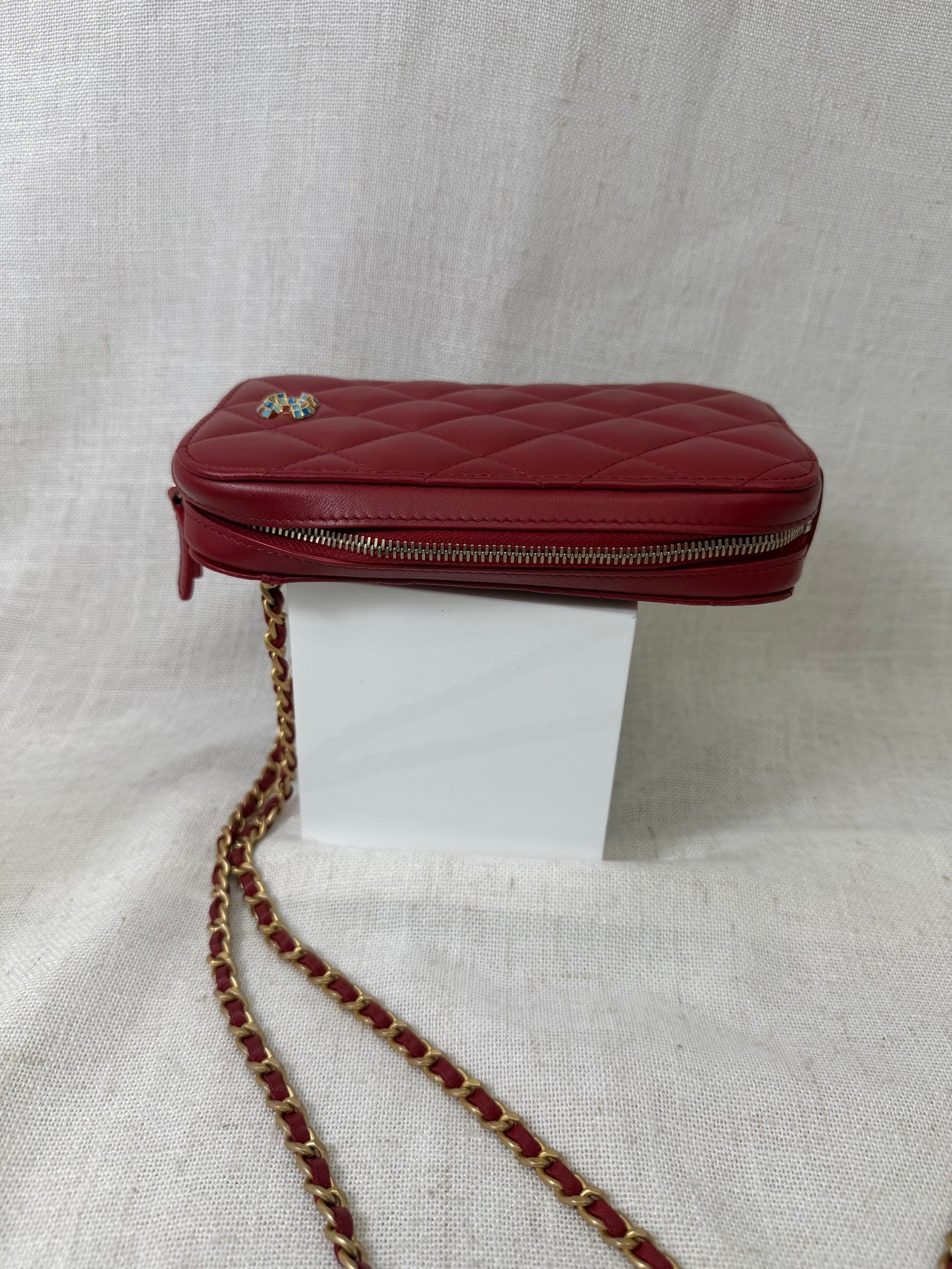 Chanel Red Quilted Lambskin Leather Chain Phone Holder  