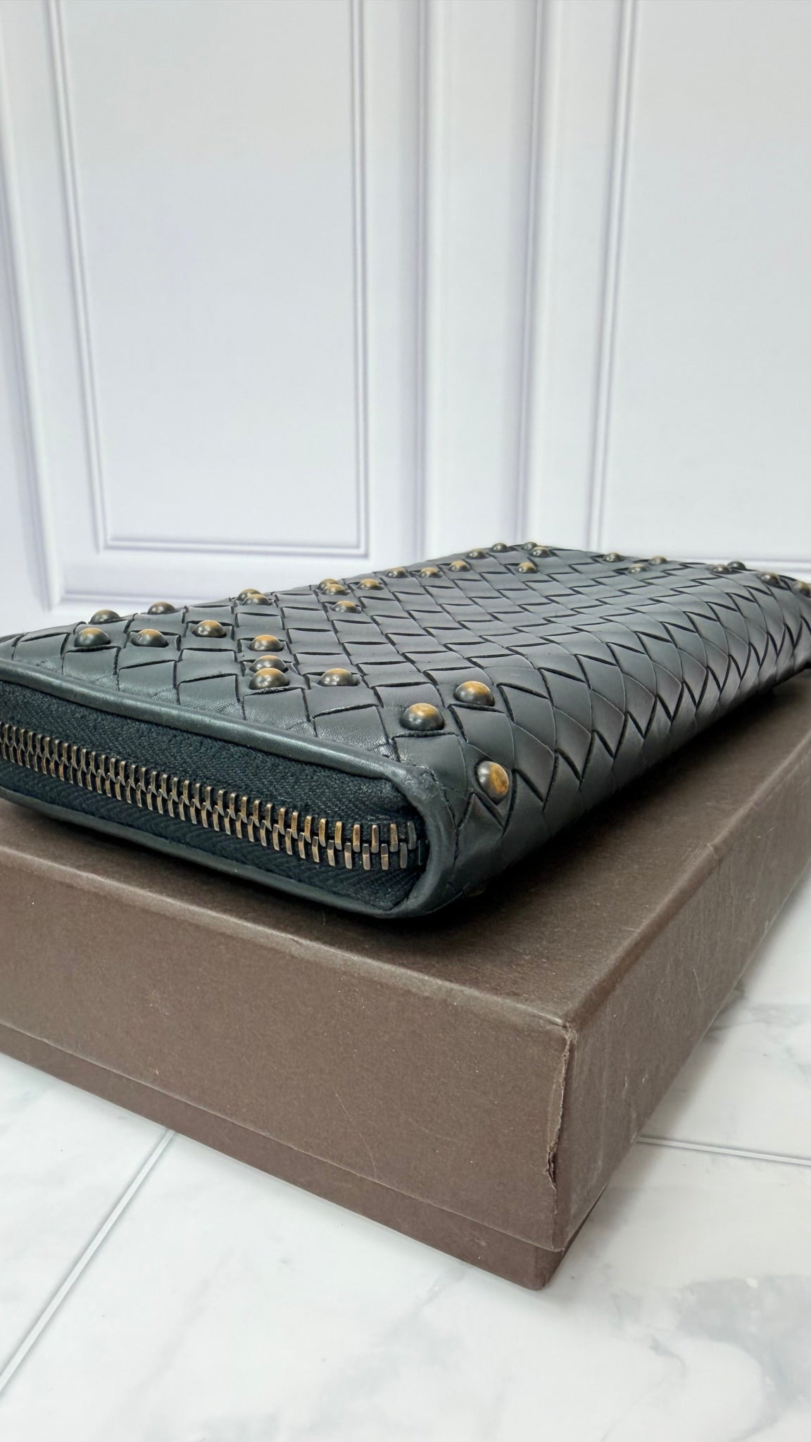Bottega Veneta Black Intrecciato Leather Studded Zippy Wallet
