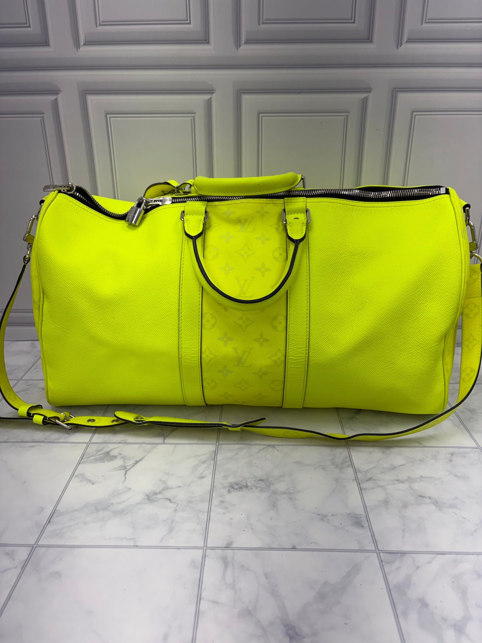 Louis Vuitton Neon Yellow Leather Tiagarama Keepall Bandouliére 50