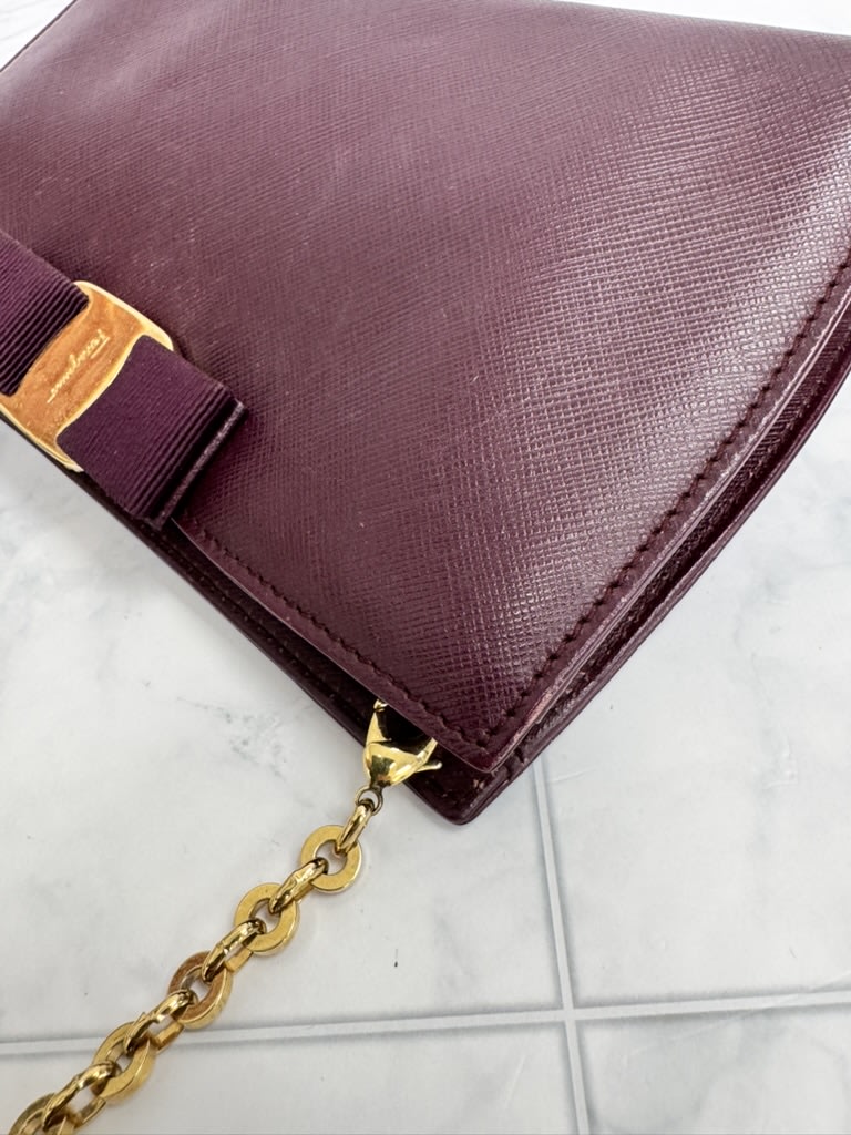 Salvatore Ferragamo Dark Purple Saffiano Leather Vara Bow Mini Chain Shoulder Bag