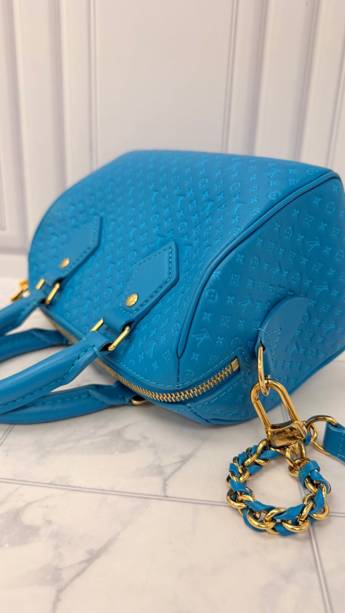 LIKE NEW - Louis Vuitton Bright Blue Calfskin Nanogram Embossed Speedy Bandouliere 20