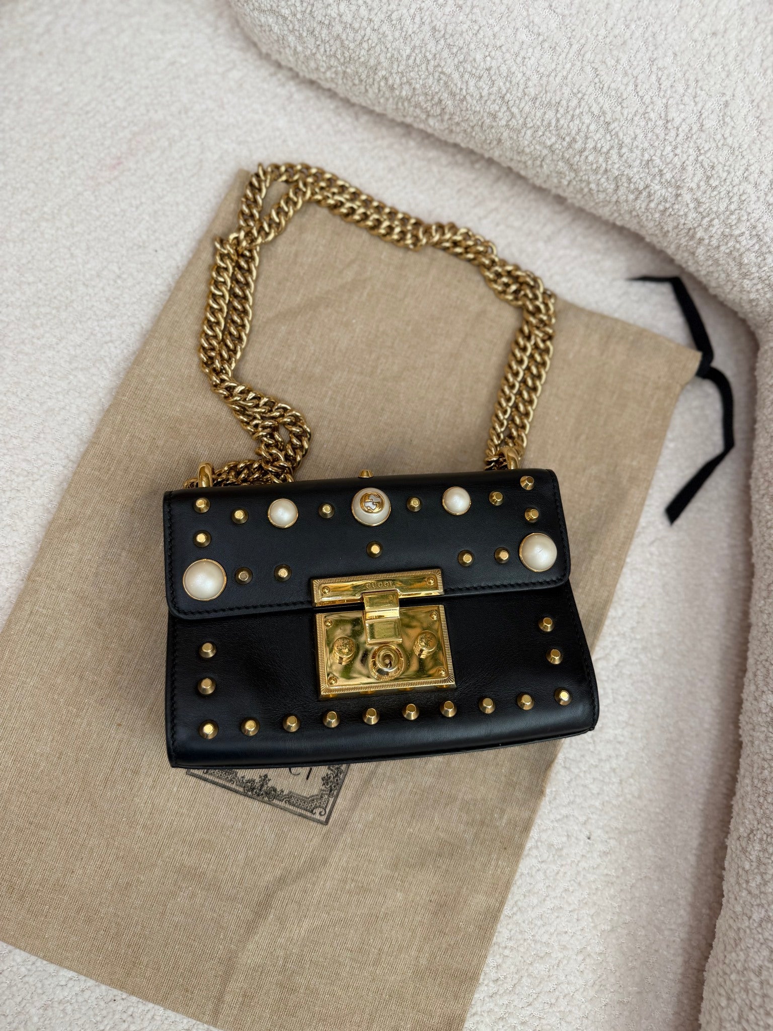 Gucci Black Leather Small Studded Pearl Padlock Bag