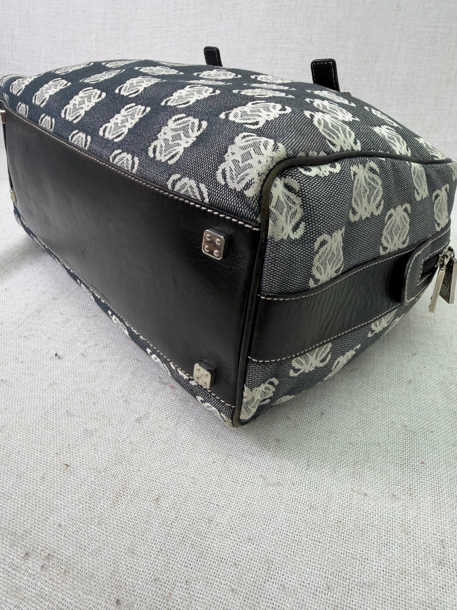 Loewe Navy Blue Anagram Denim Canvas Boston Bag