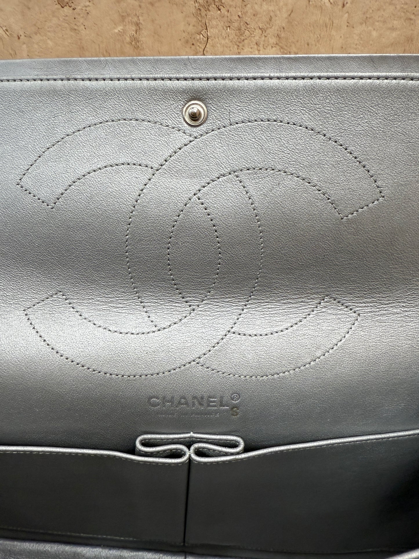 Chanel Silver Metallic Aged Calfskin Quilted 2.55 Reissue 227 Double Flap Bag