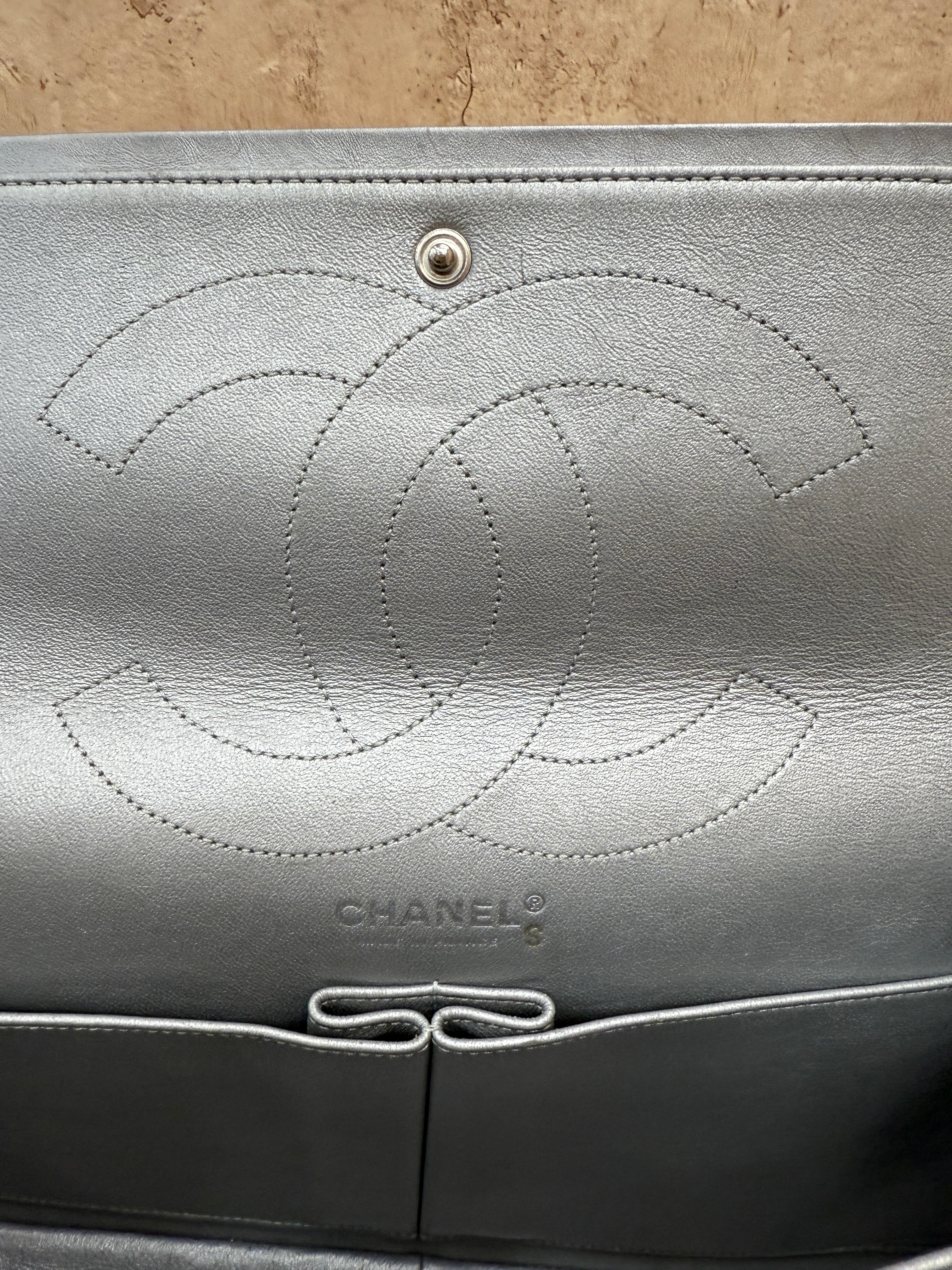 Chanel Silver Metallic Aged Calfskin Quilted 2.55 Reissue 227 Double Flap Bag