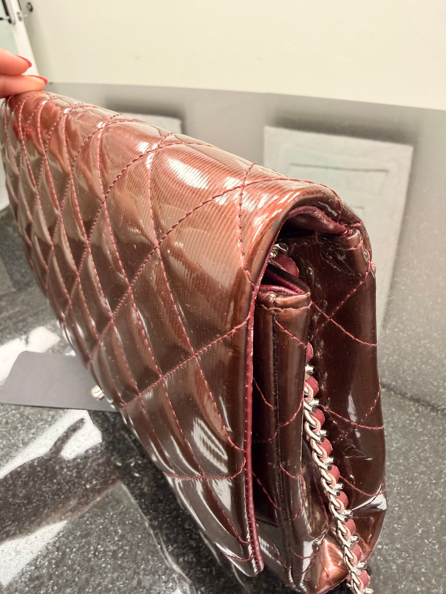 Chanel Burgundy Patent Leather Matelasse Clutch on a Chain