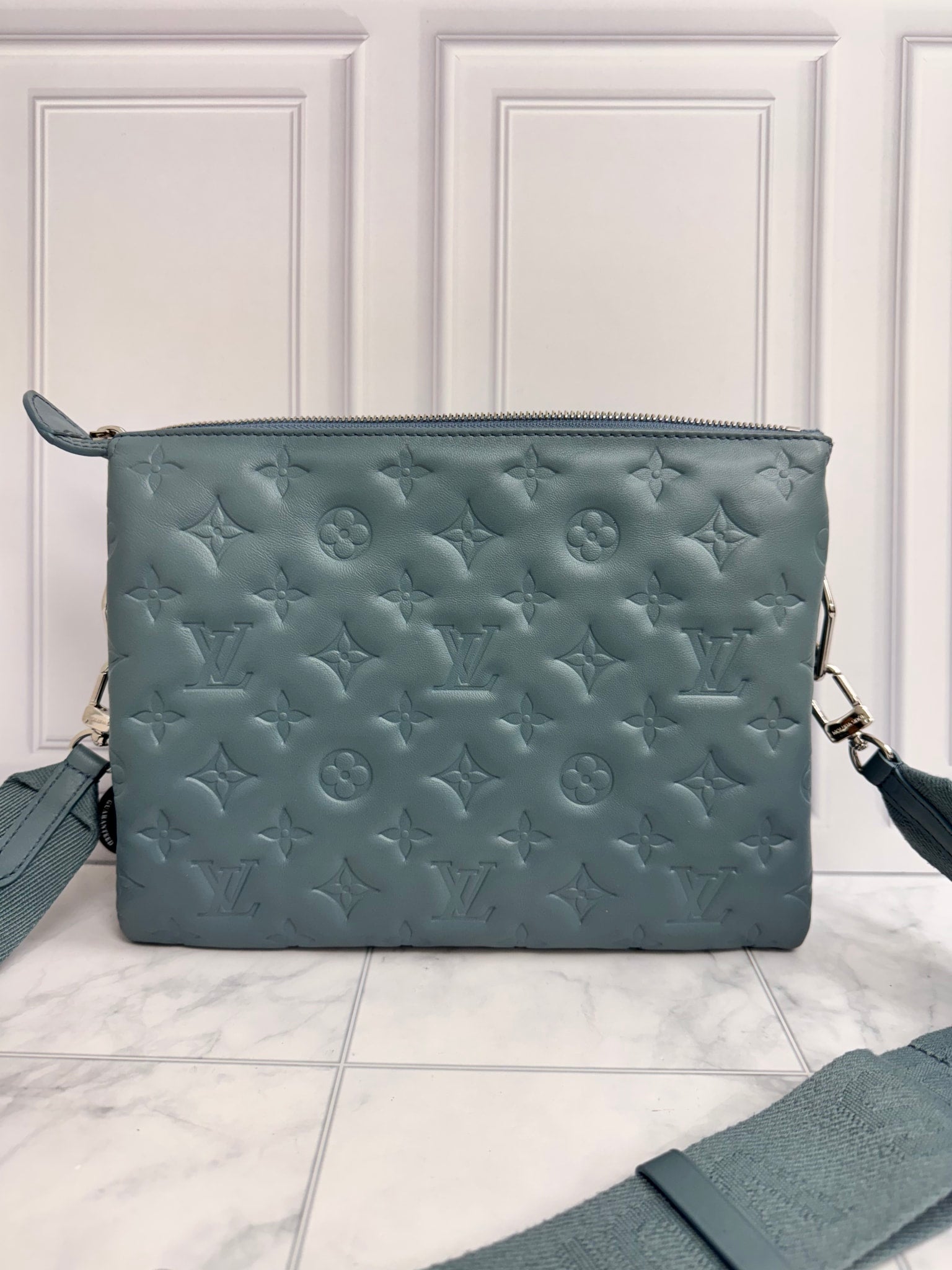 LIKE NEW - Louis Vuitton Blue Embossed Puffy Monogram Coussin PM  