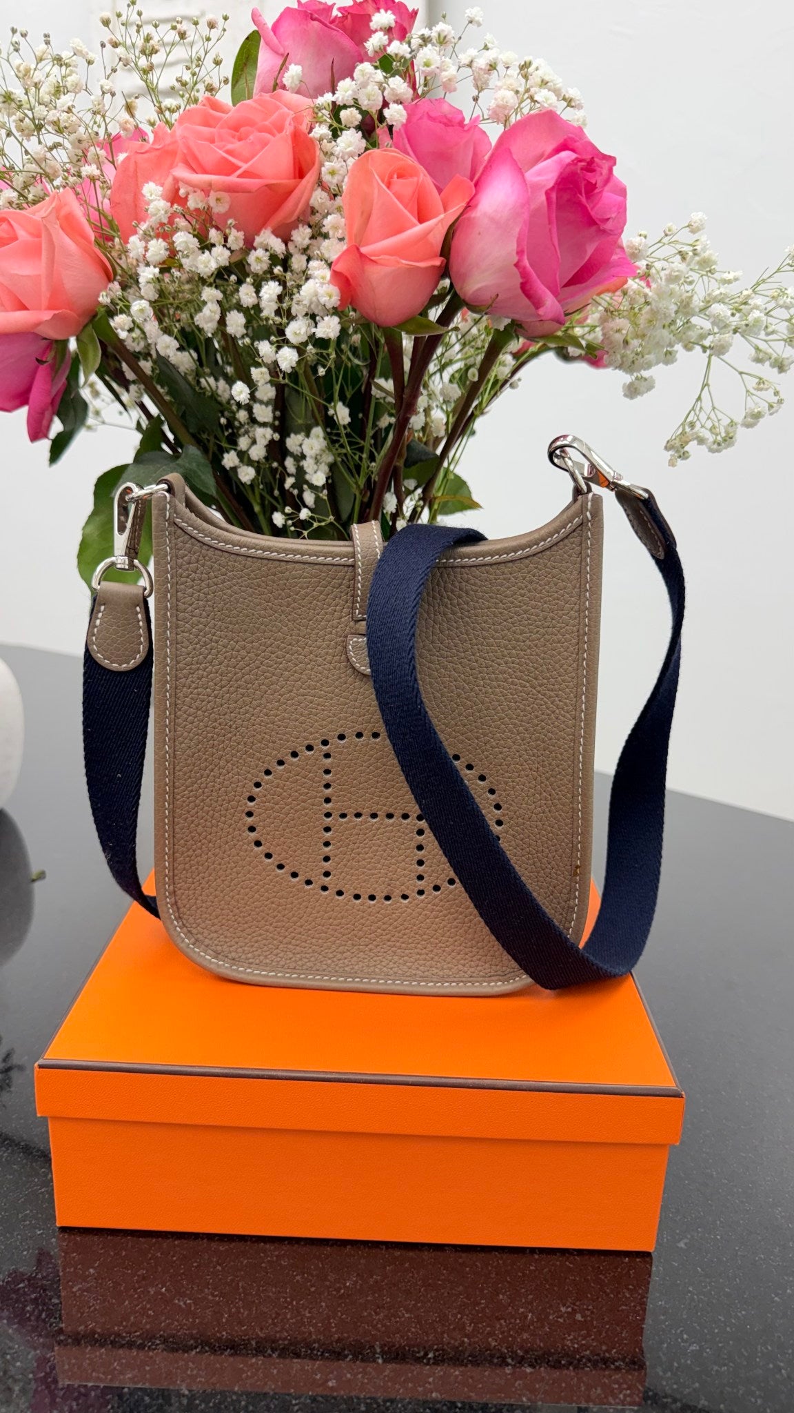Hermes Etoupe Clemence Leather Mini Evelyne TPM 16 Crossbody Bag 