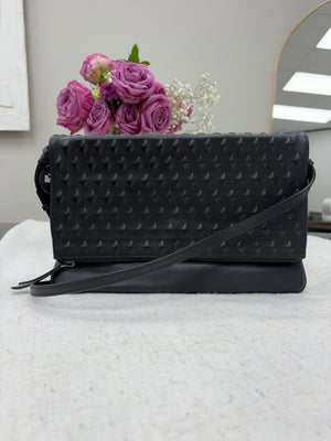 MCM Black Studded Embossed Leather Foldover Crossbody Bag