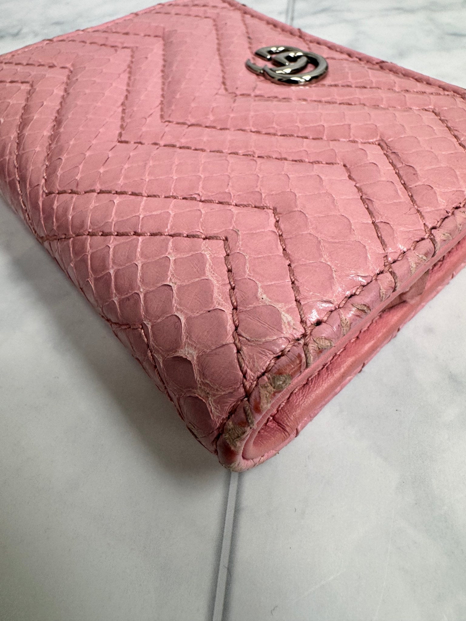 Gucci Pink Chevron Quilted Python GG Marmont Compact Wallet