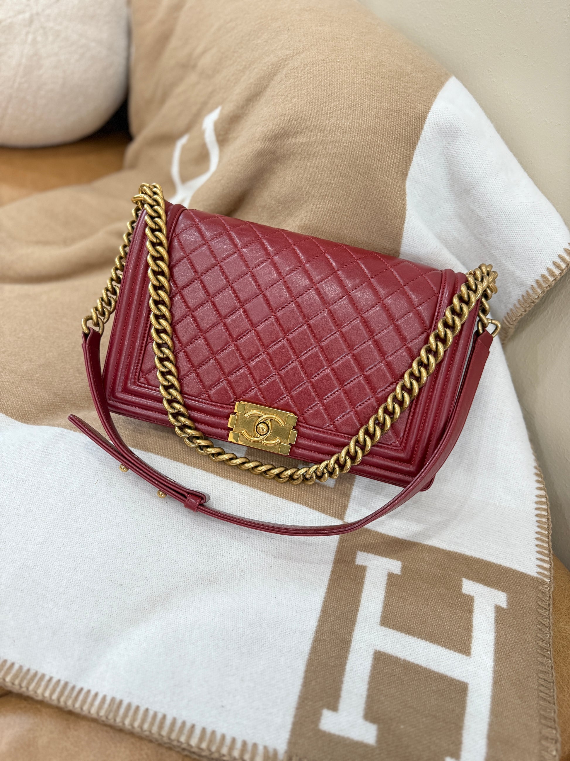 Chanel Dark Red Lambskin Quilted Medium Boy Flap
