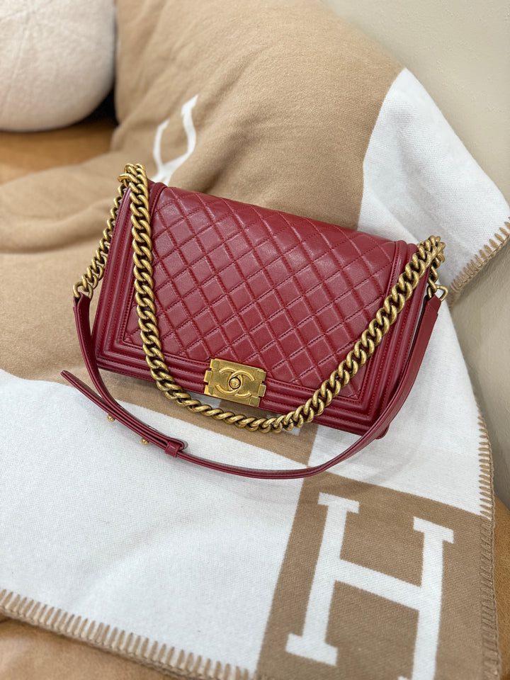 Chanel Dark Red Lambskin Quilted Medium Boy Flap