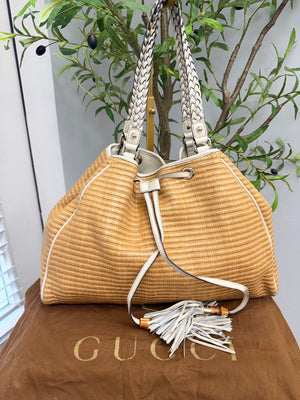 Gucci Natural Raffia Bamboo Peggy Shoulder Bag
