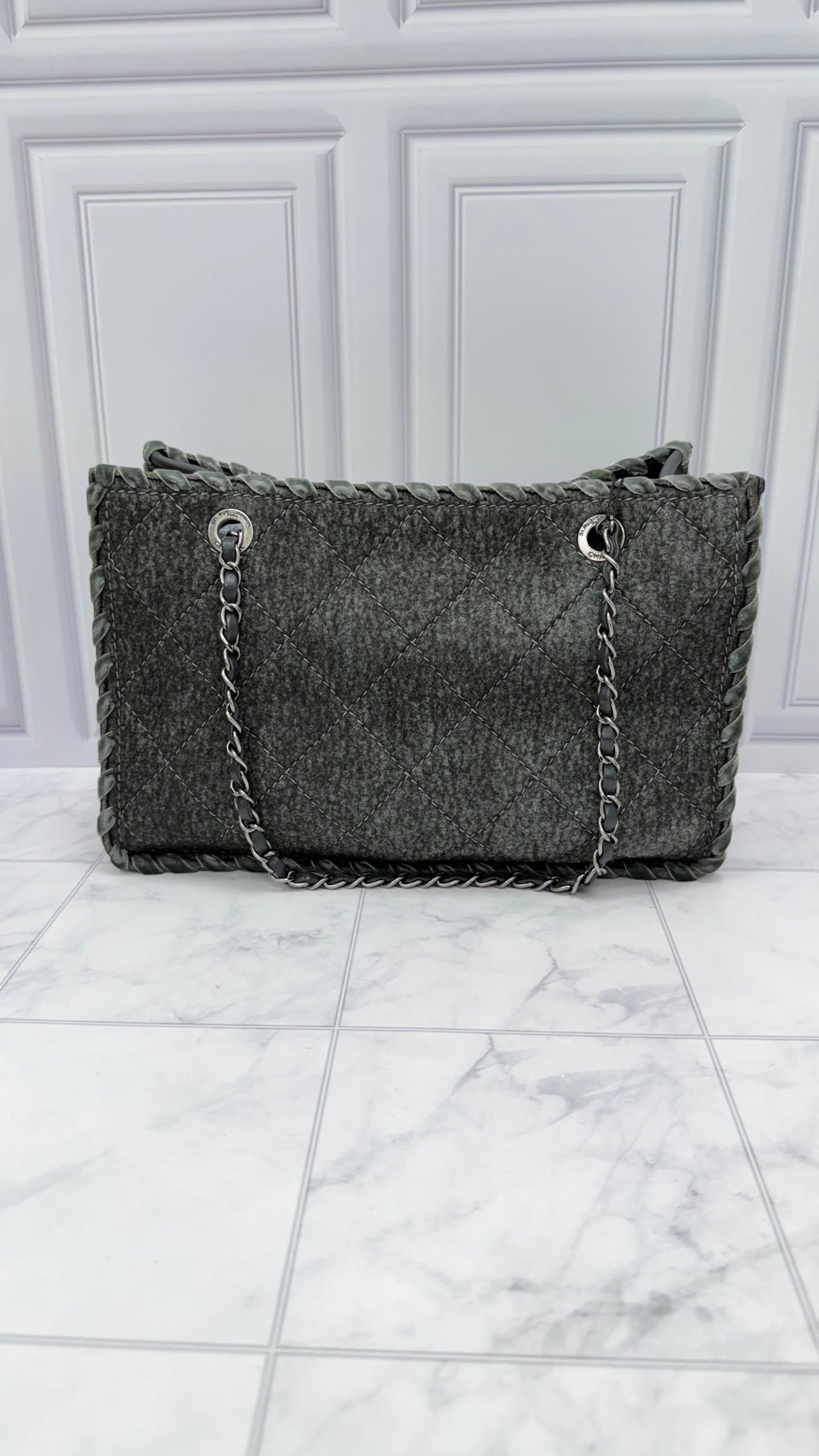 Chanel Grey Quilted Wool & Velvet Stitched CC Large Tote