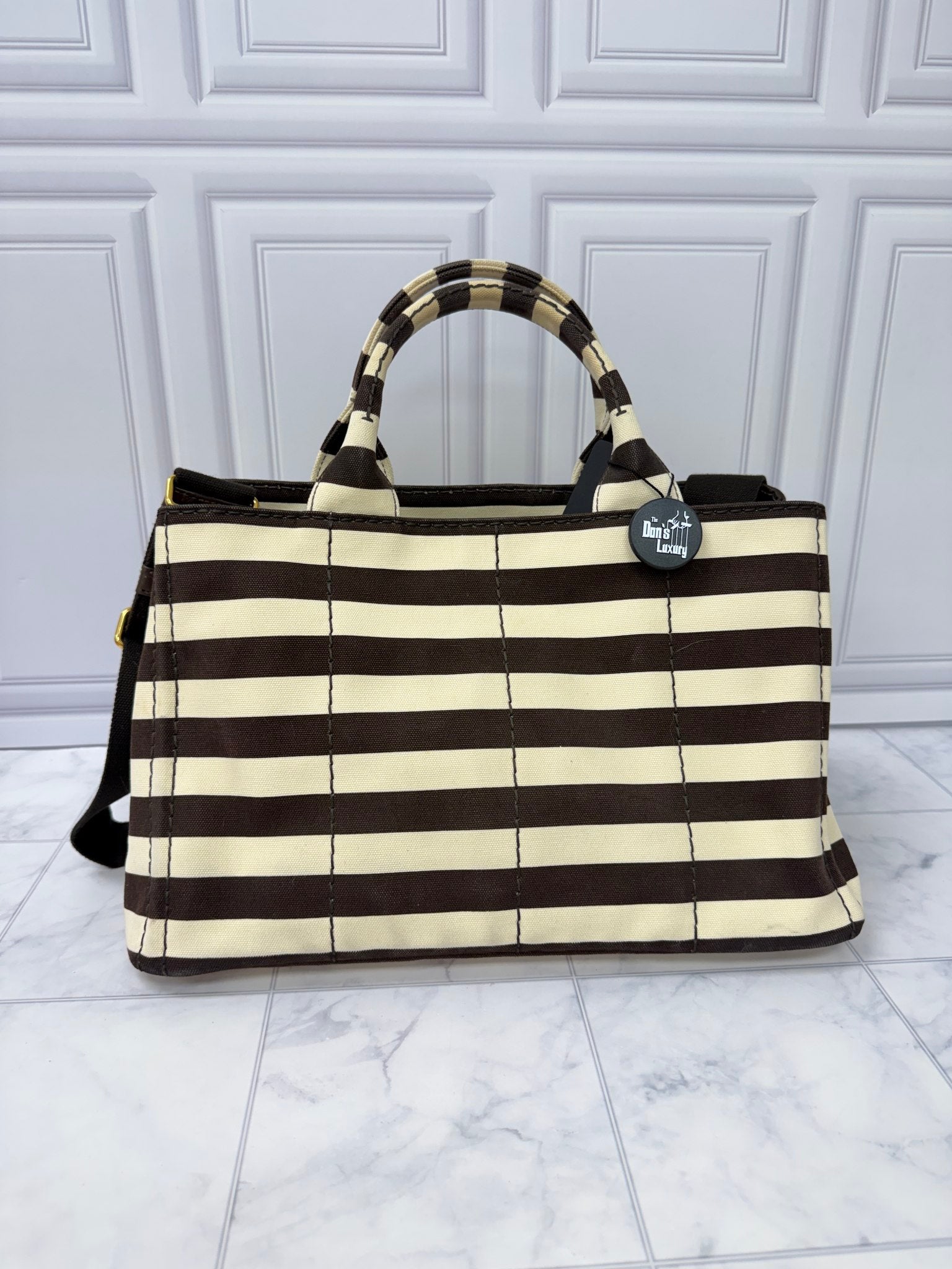 Prada Brown And Cream Canvas Canapa Striped Medium Tote Bag