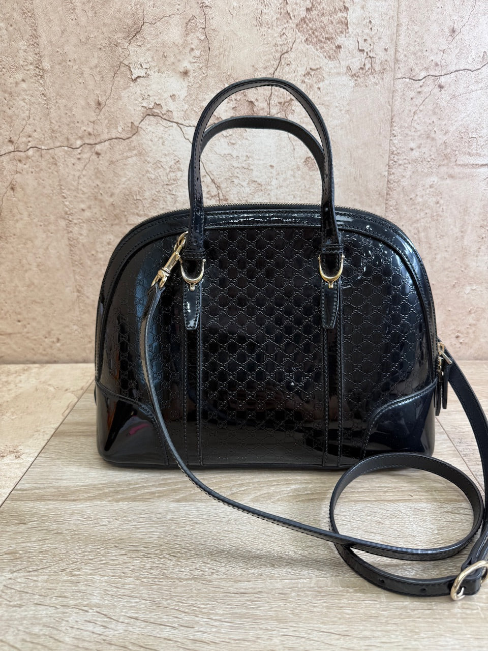 Gucci Black Patent Leather MicroGuccisima Medium Dome 2Way Bag