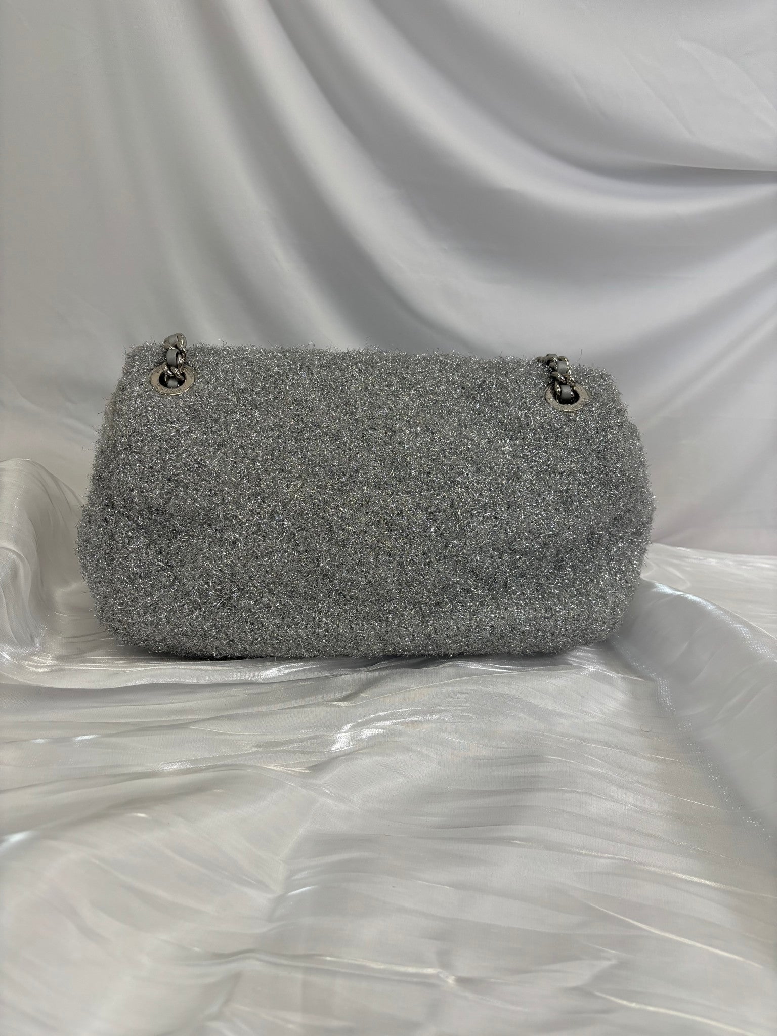 Chanel Silver Knit Pluto Glitter Classic Flap Medium
