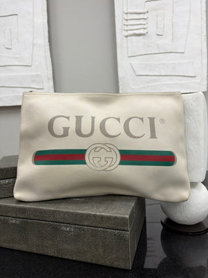 Gucci Cream Leather Vintage Logo Large Pouch