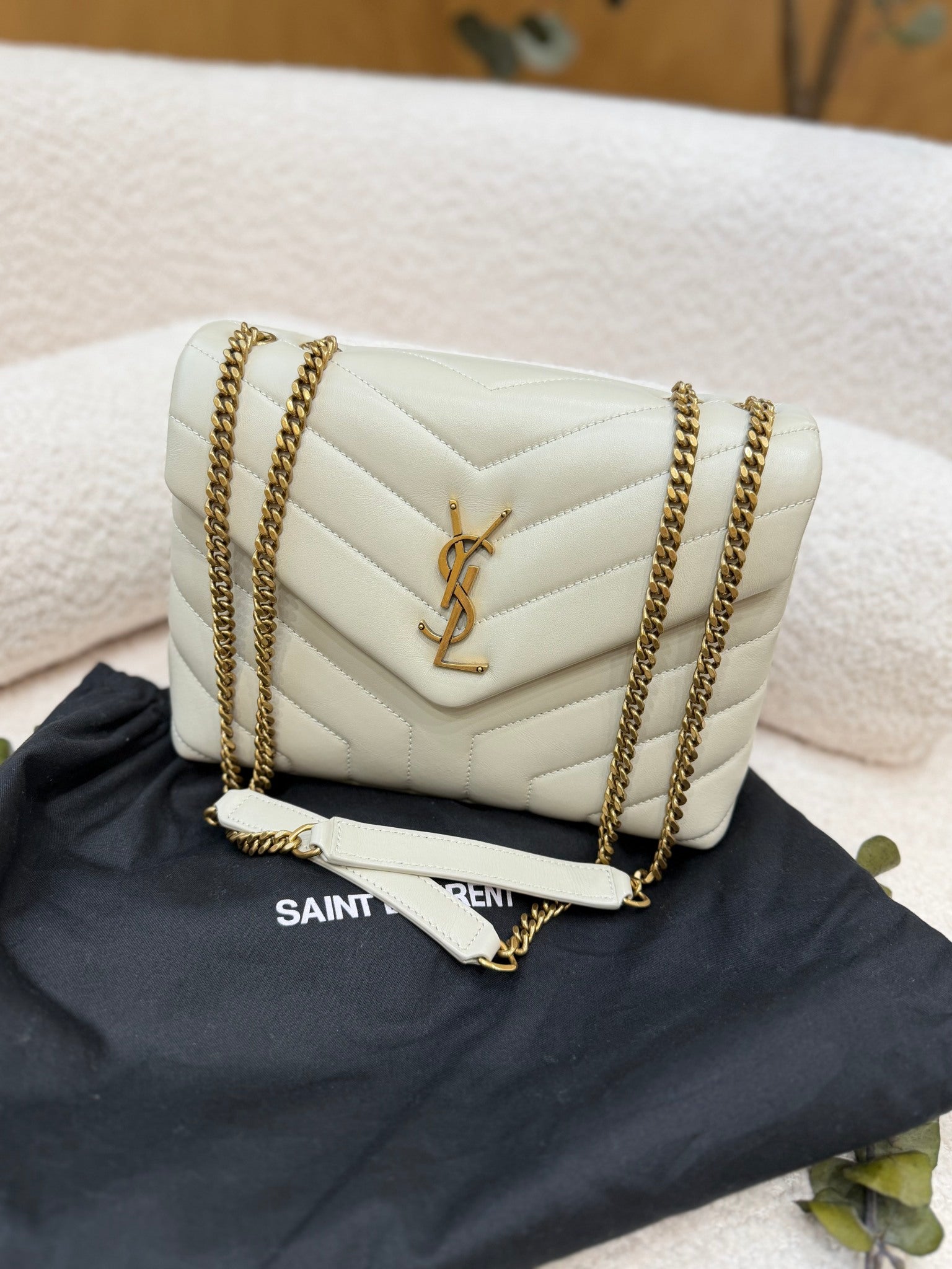 LIKE NEW- Saint Laurent YSL Beige Chevron Leather Small Loulou Bag