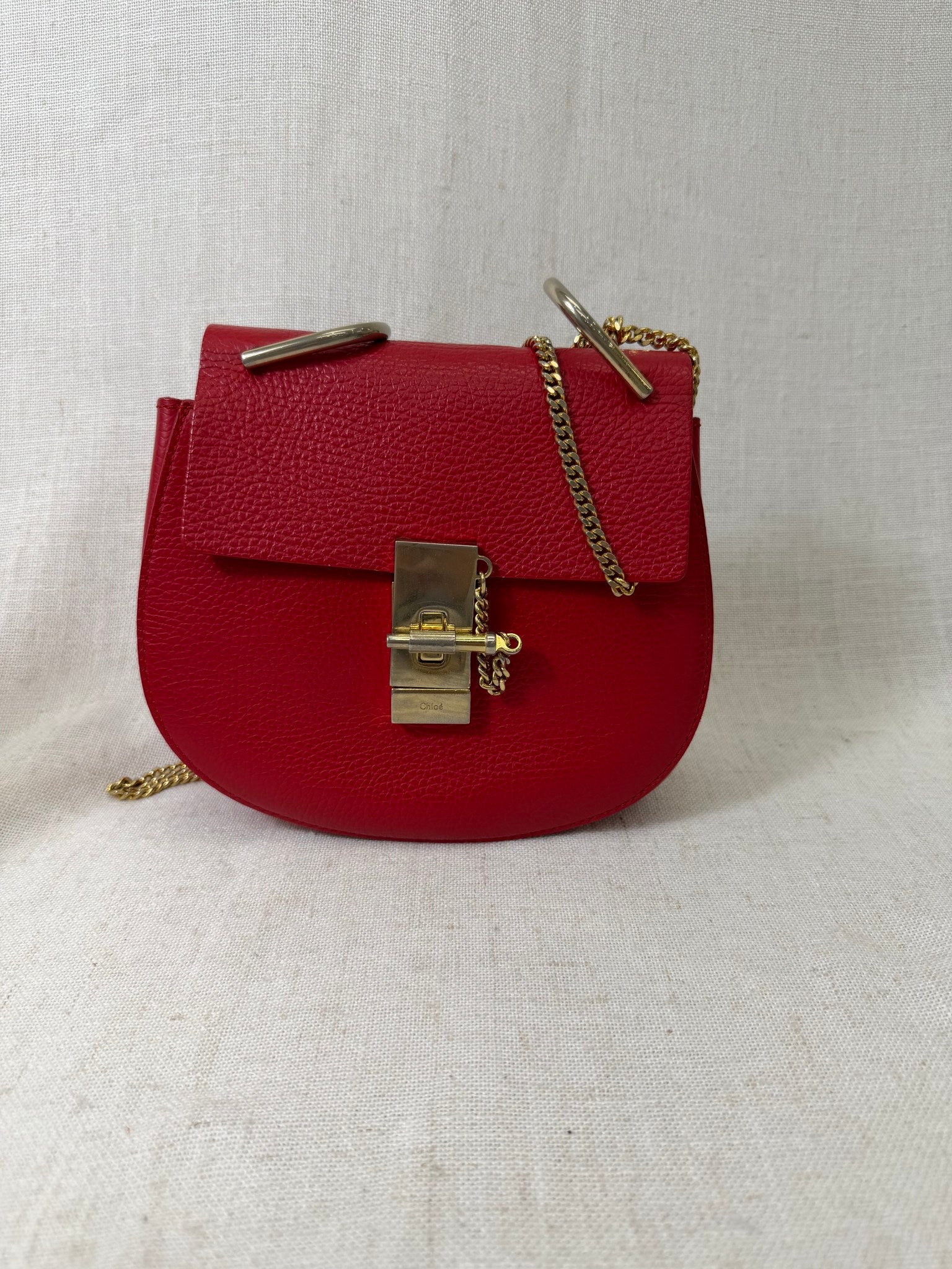 Chloe Red Grained Leather Drew Small Crossbody Bag