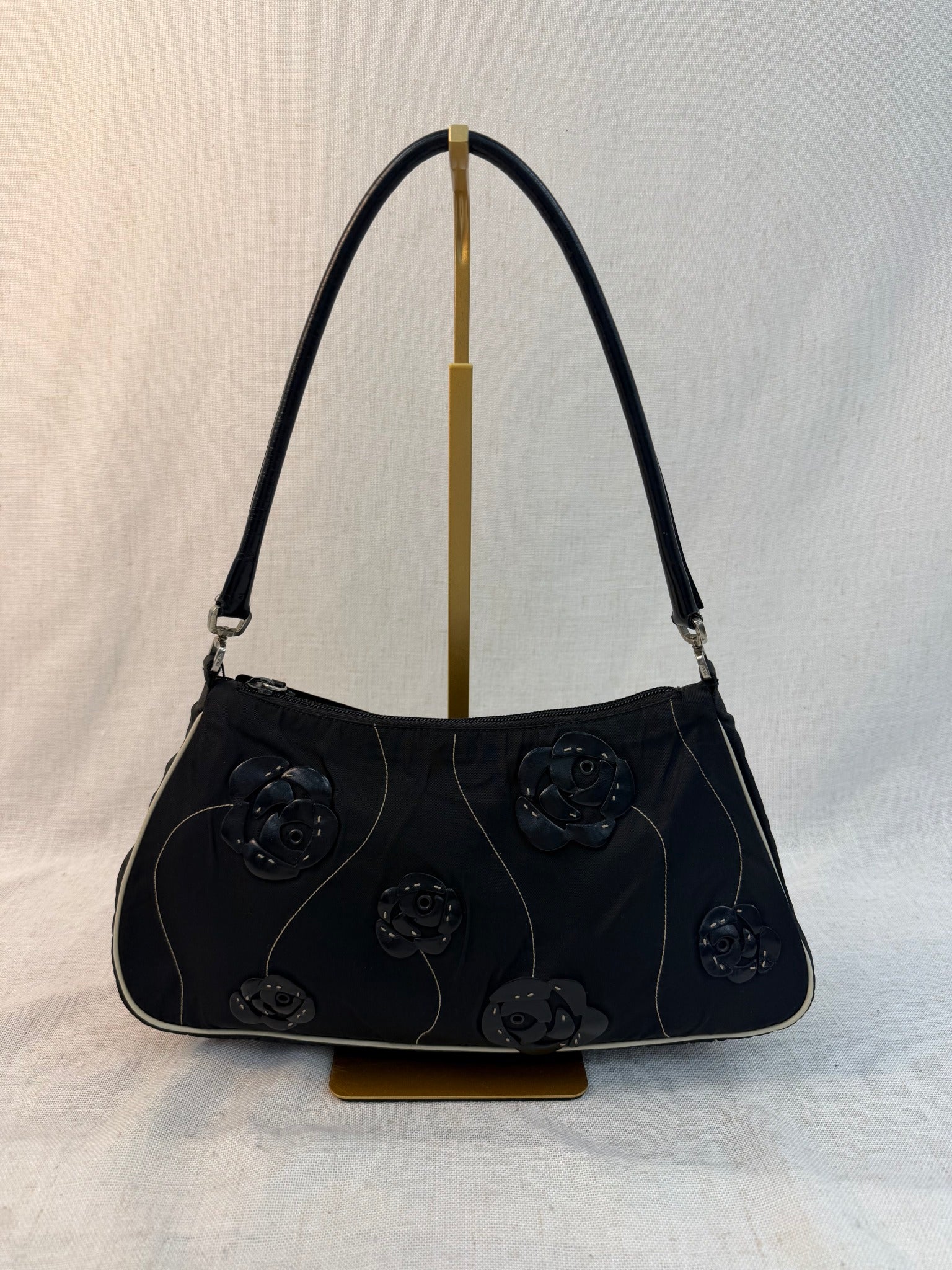 Prada Black Nylon Floral Tessuto Shoulder Bag