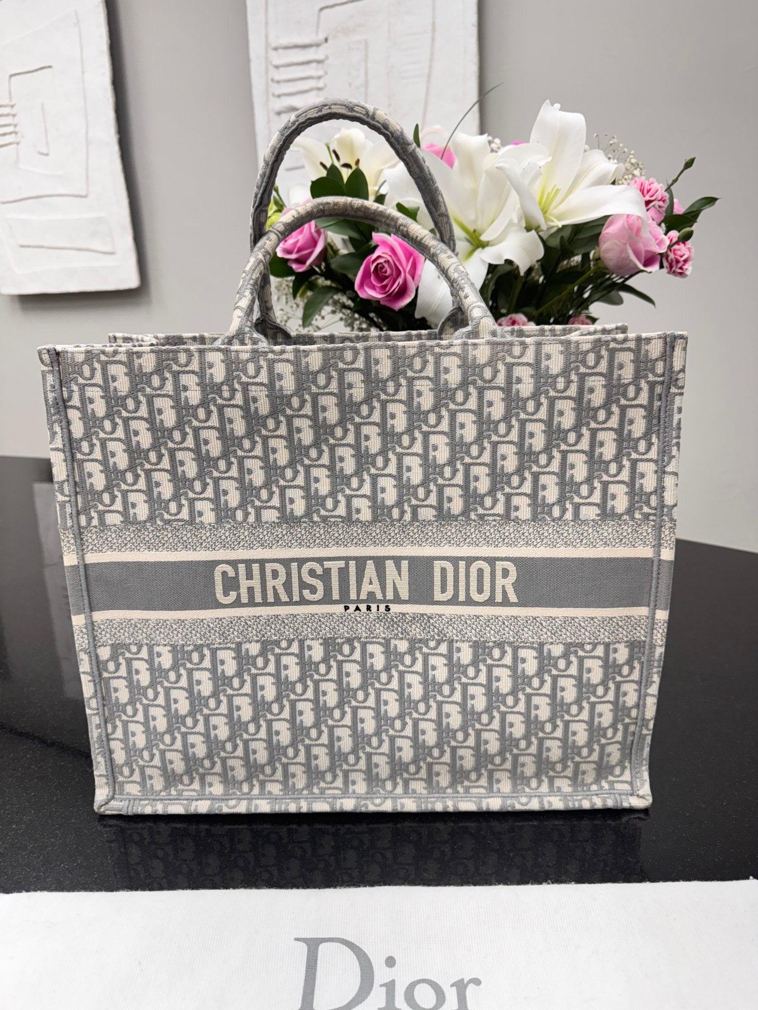  Christian Dior Grey And Ivory Oblique Canvas Large Book Tote Bag