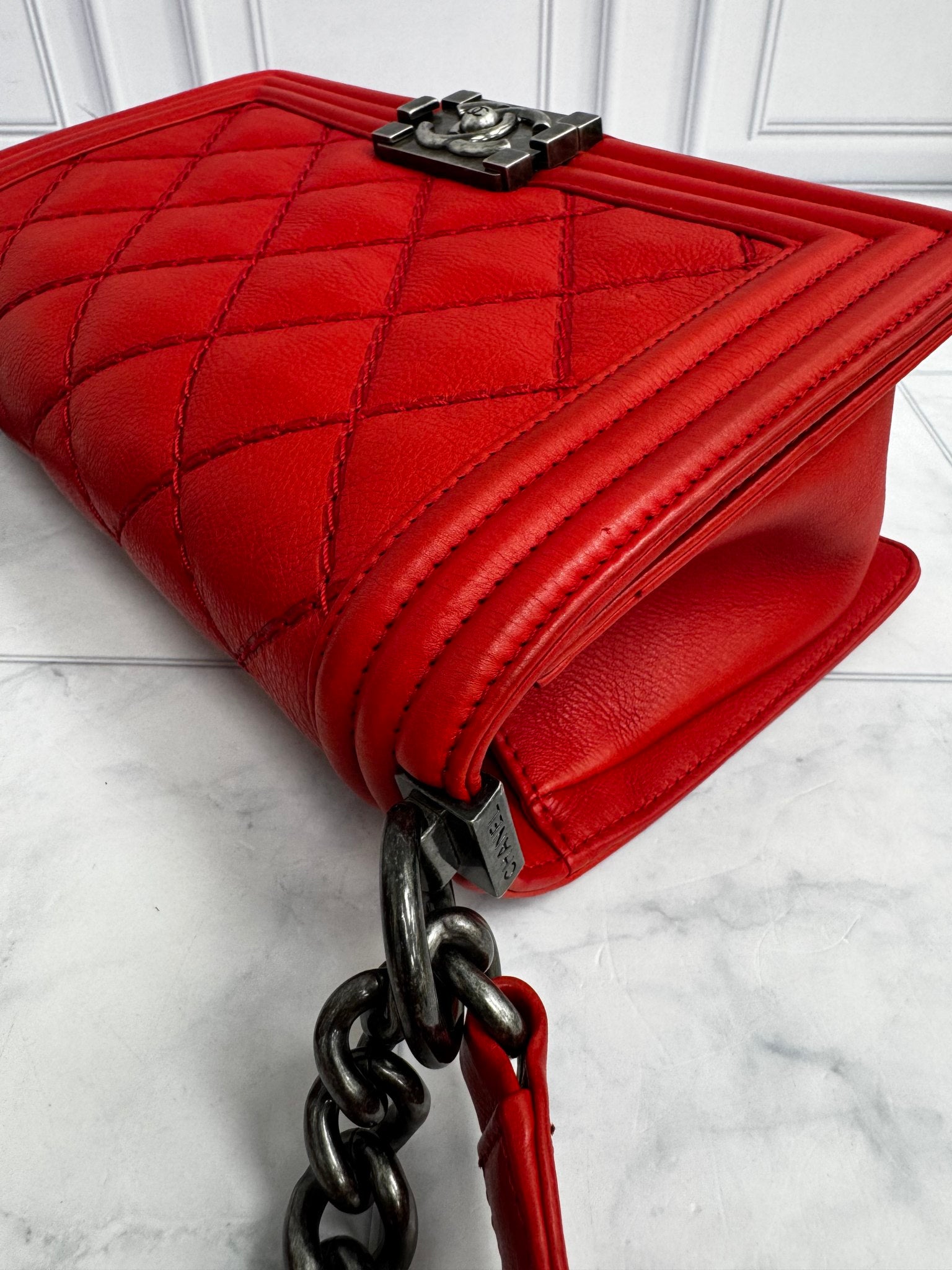 Chanel Red Calfskin Leather Wild Stitch Medium Boy Flap Bag