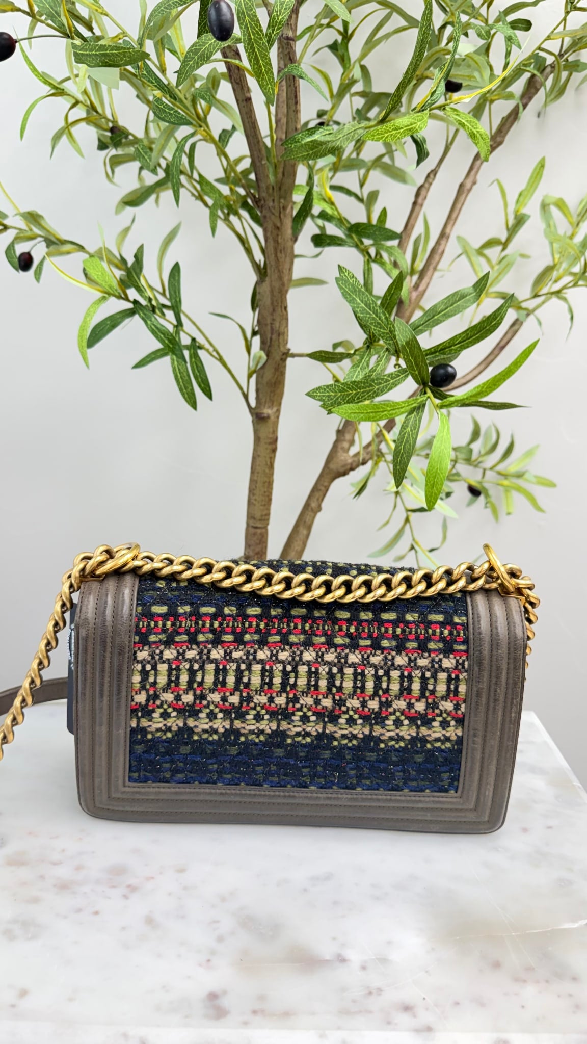 Chanel Brown Leather Multicolor Tweed Boy Medium Flap Bag 