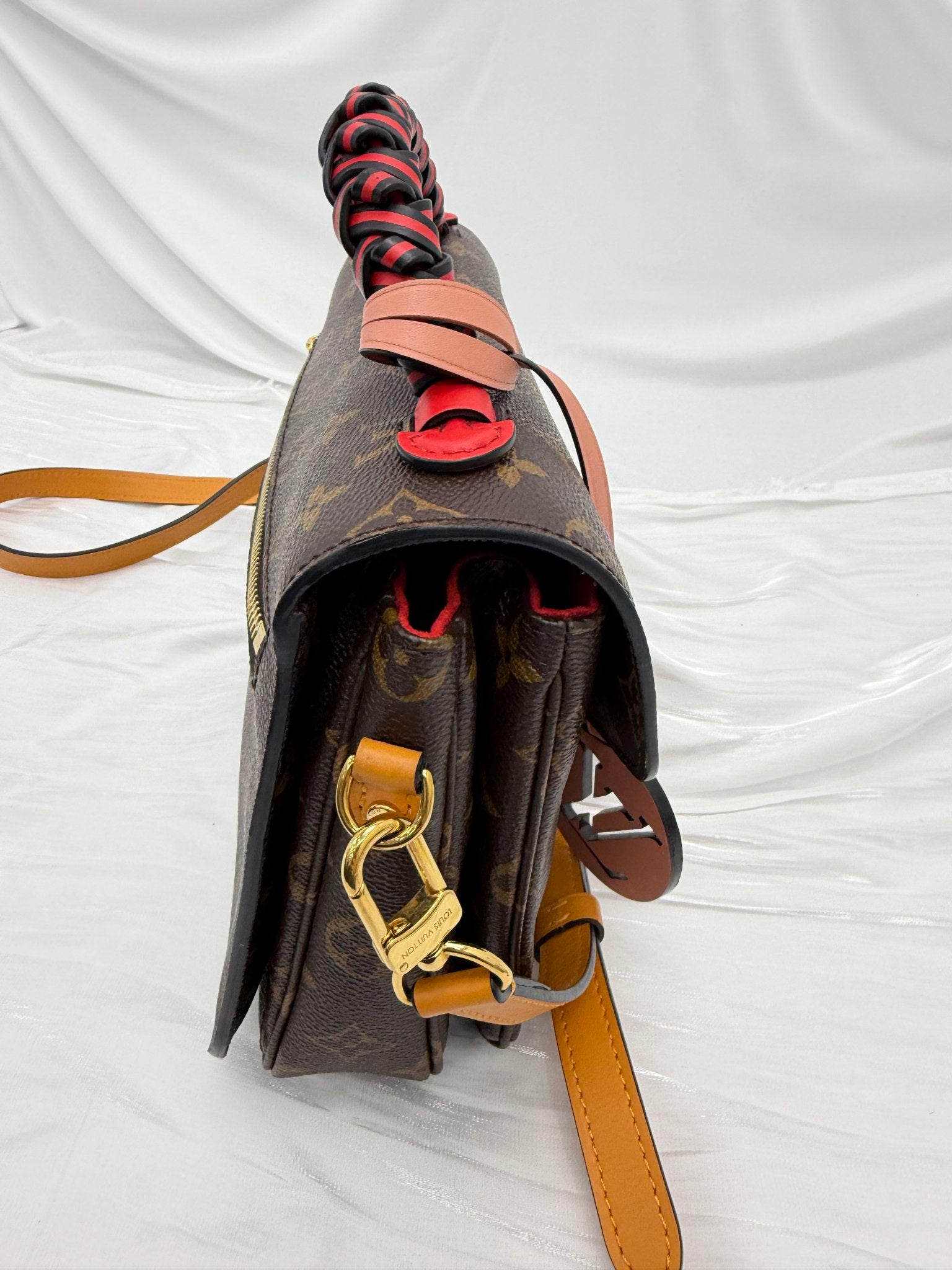 LIKE NEW- Louis Vuitton Monogram Braided Coquelicot Handle Pochette Metis Bag