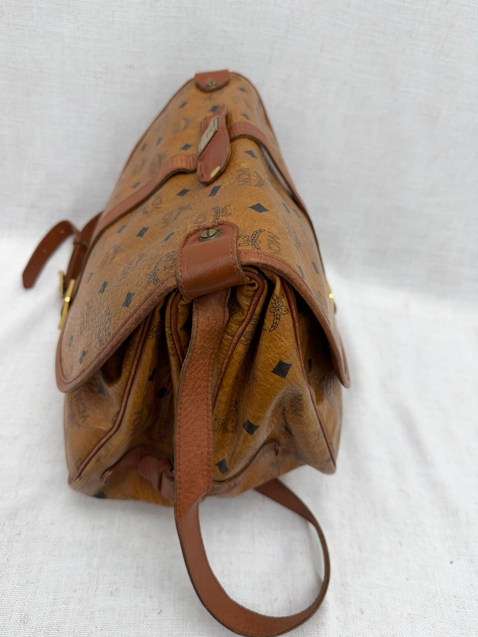 MCM Cognac Visetos Leather Messenger Bag